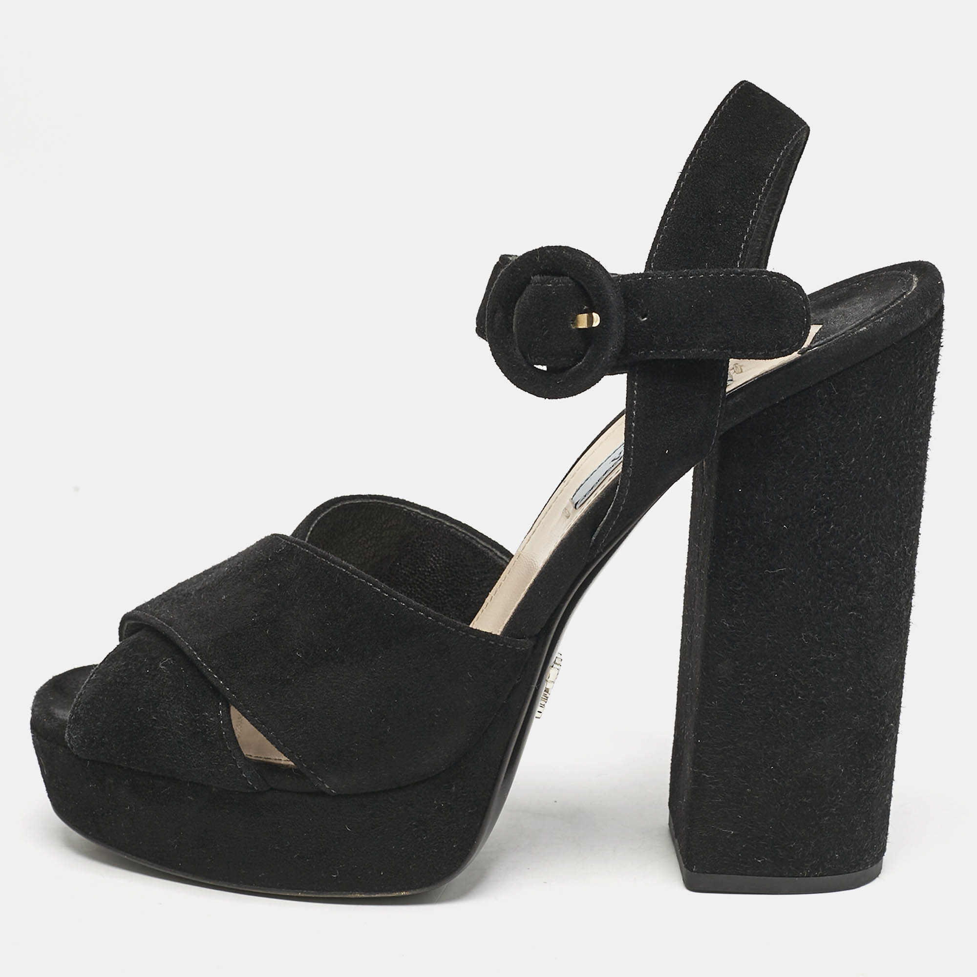 

Prada Black Suede Ankle Strap Block Heel Platform Sandals Size