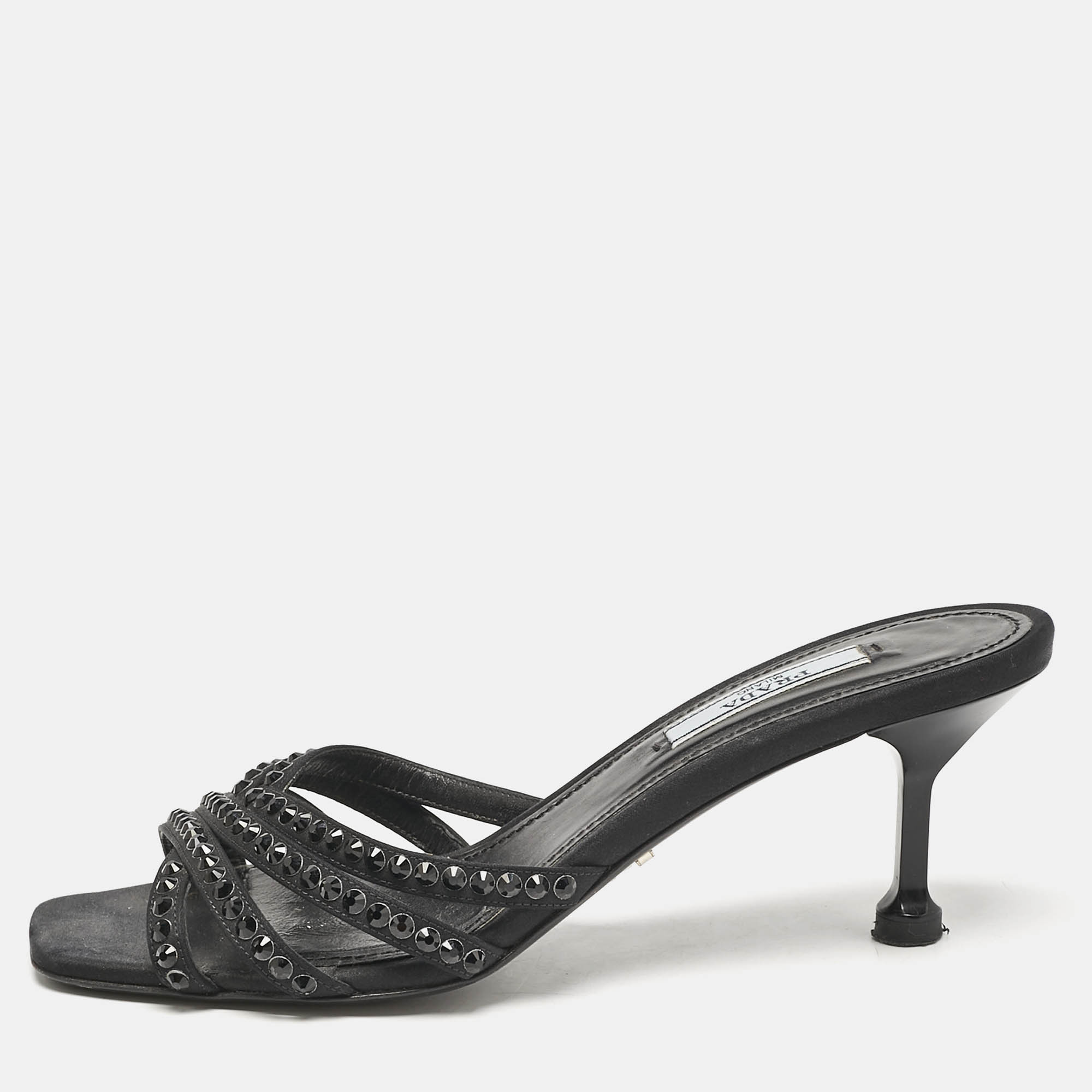 

Prada Black Satin Crystal Embellished Slide Sandals Size