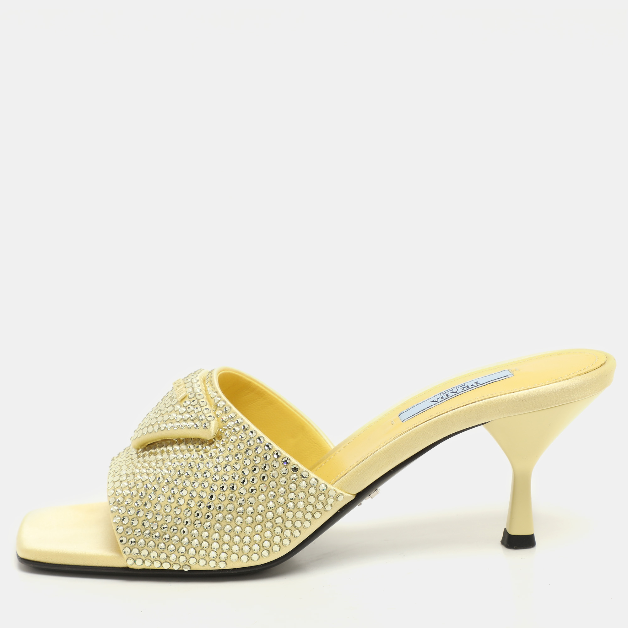 Pre-owned Prada Yellow Crystal Embellished Satin Logo Slide Sandals Size 37