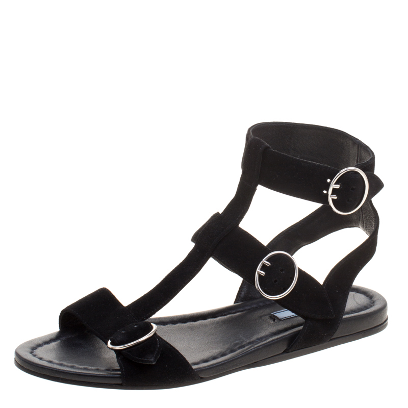Prada Black Suede Ankle Wrap T Strap Flat Sandals Size 38.5