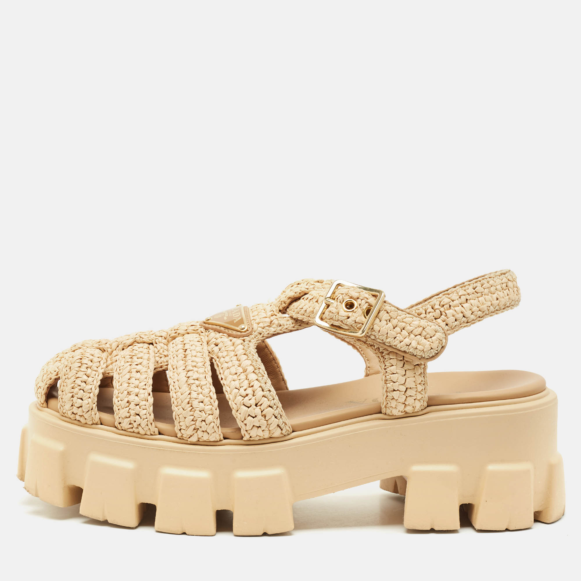 

Prada Beige Raffia Monolith Platform Sandals Size