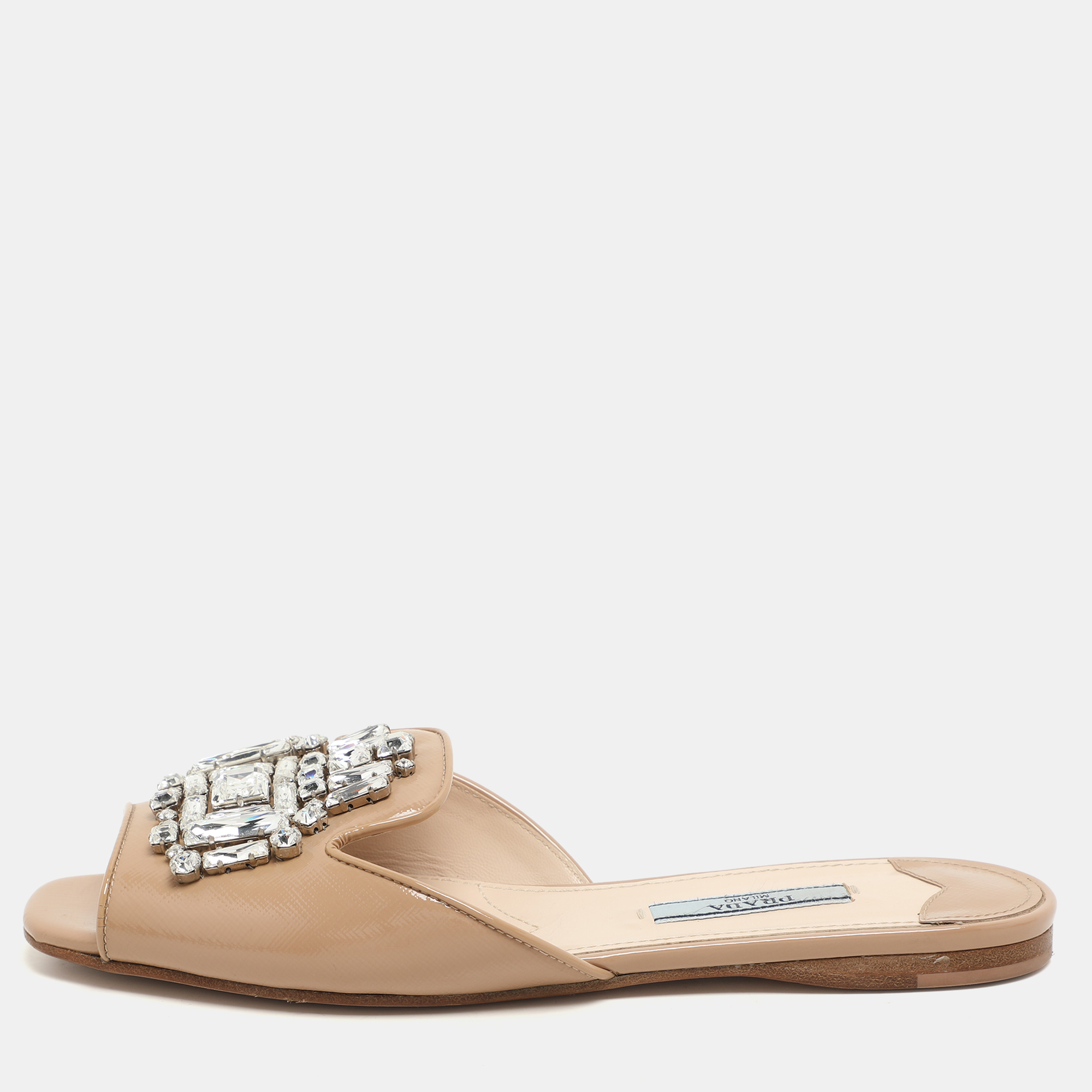

Prada Beige Patent Leather Crystal Embellished Slide Sandals Size 36.5