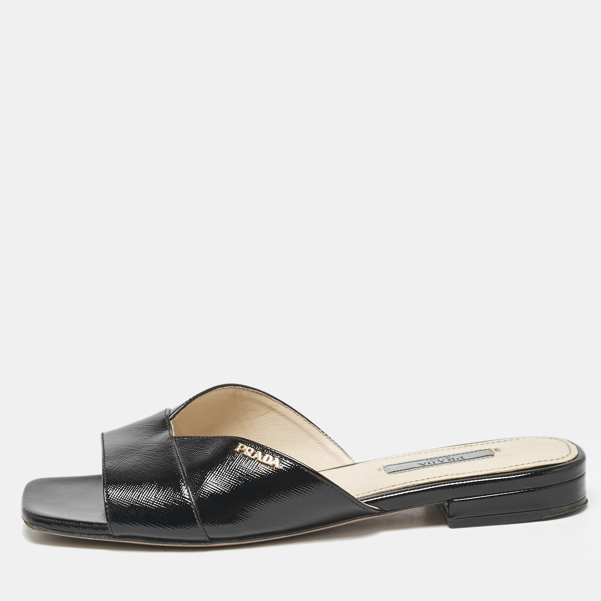 Pre-owned Prada Black Patent Saffiano Leather Flat Slides Size 37