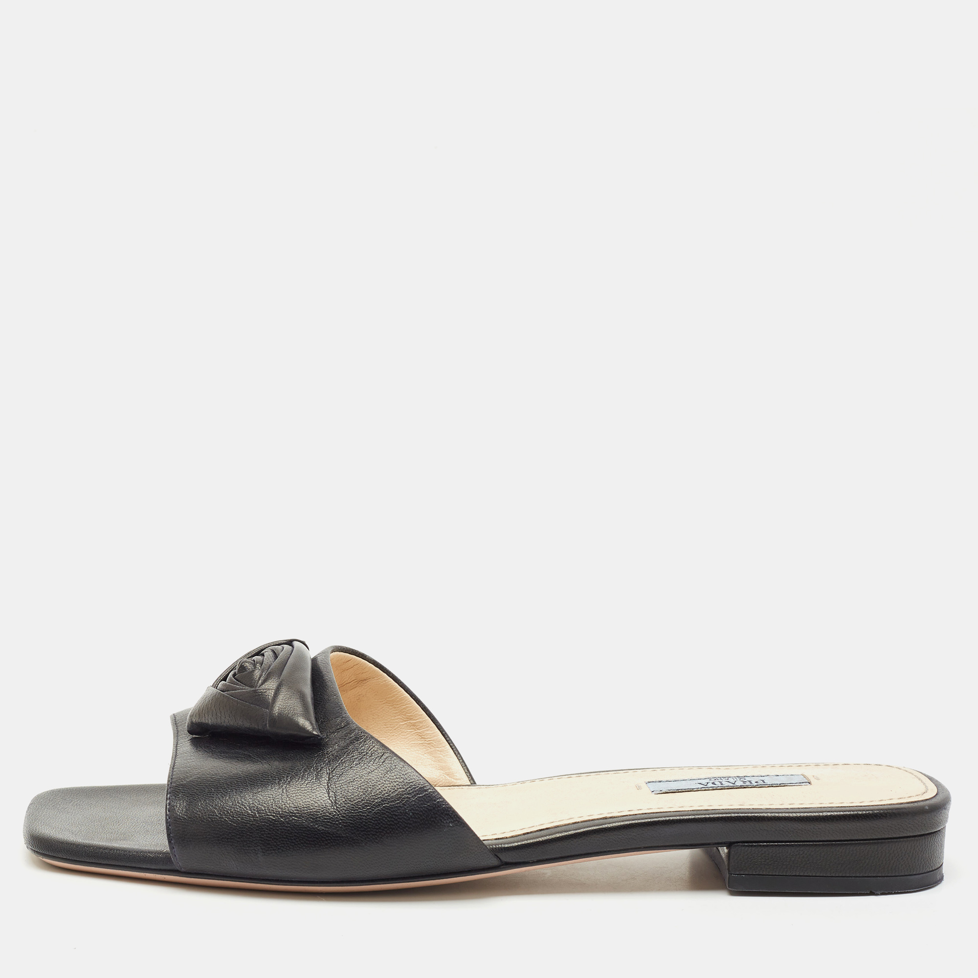 

Prada Black Leather Triangle Flower Flat Slide Sandals Size