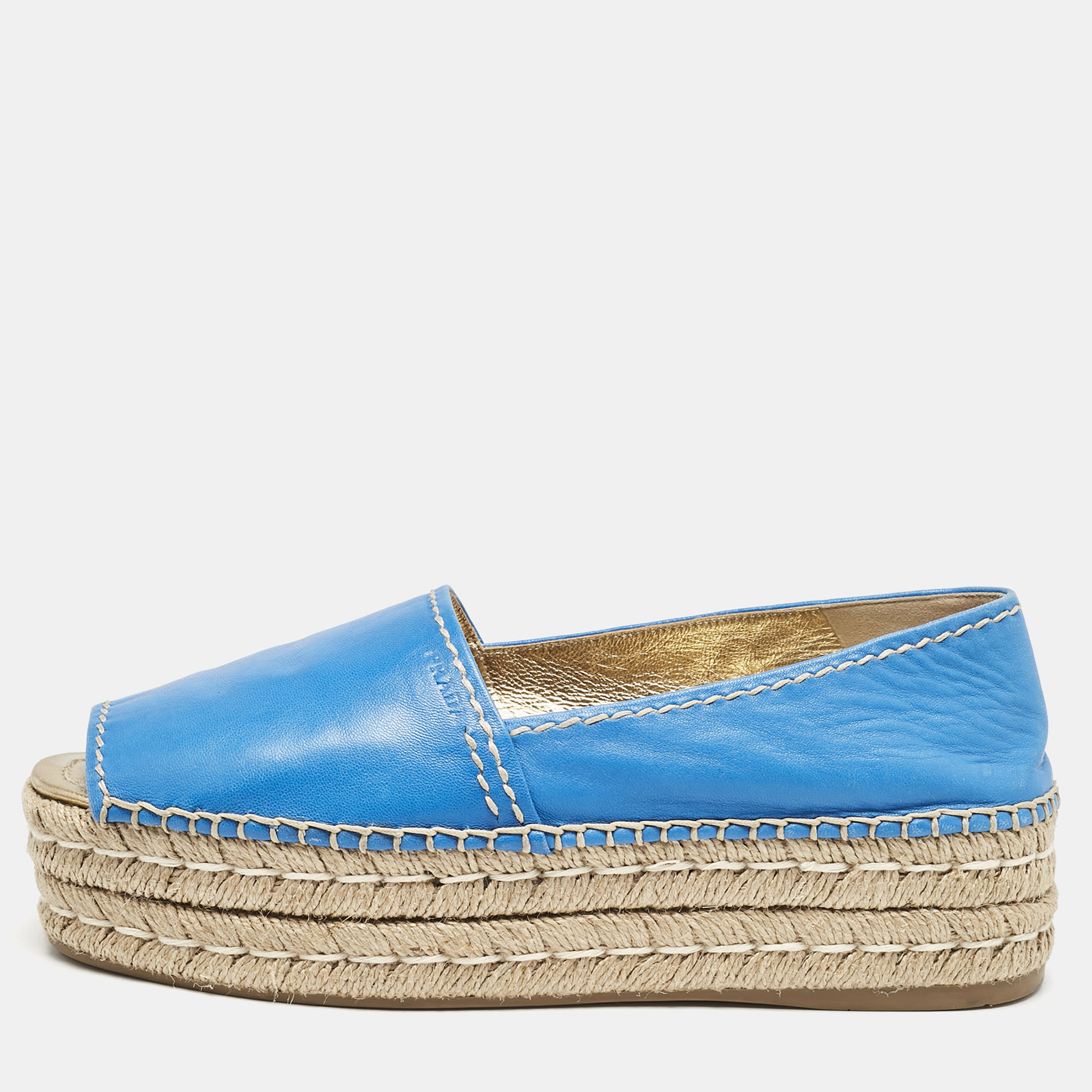 

Prada Blue Leather Open Toe Platform Espadrilles Size