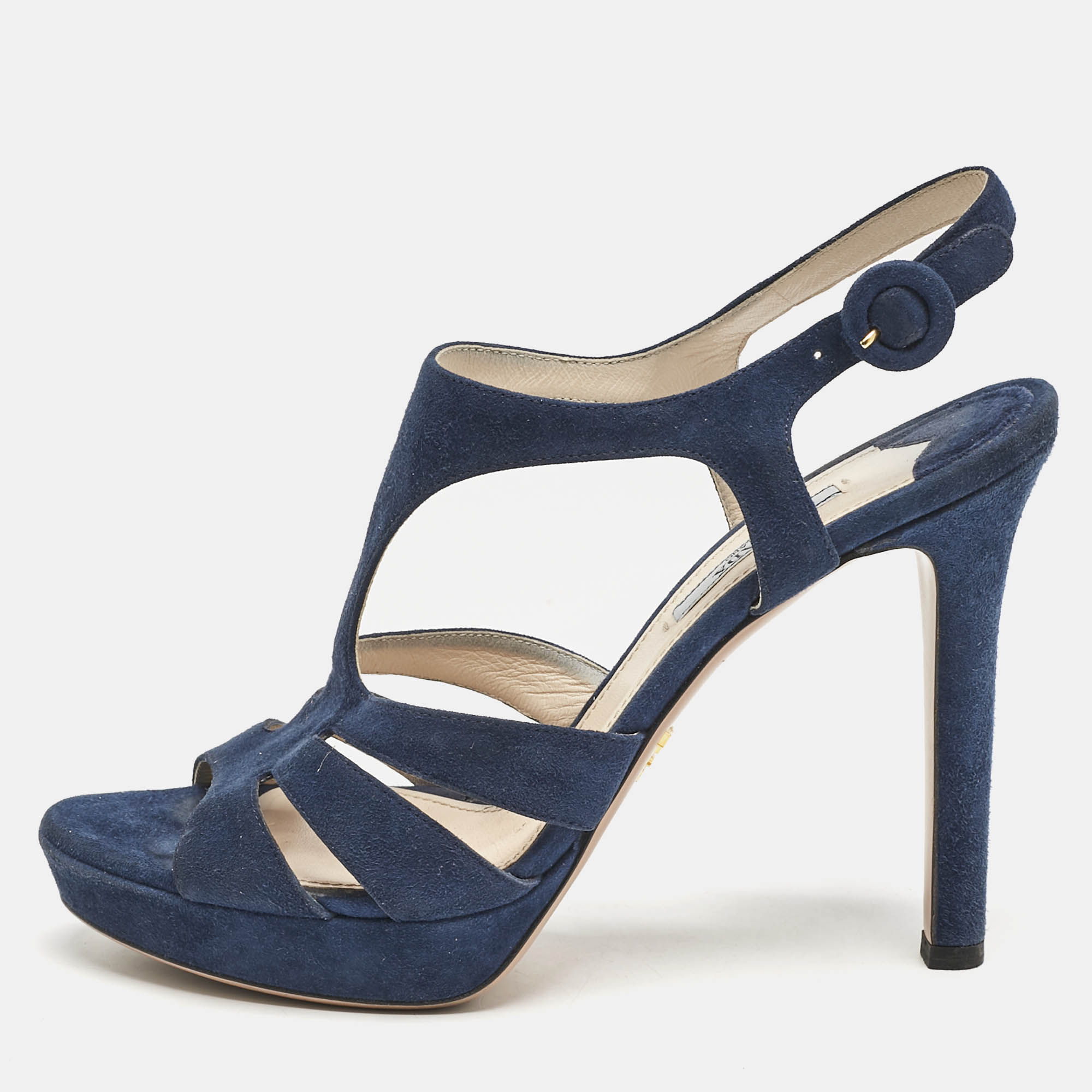 

Prada Navy Blue Suede Strappy Platform Sandals Size