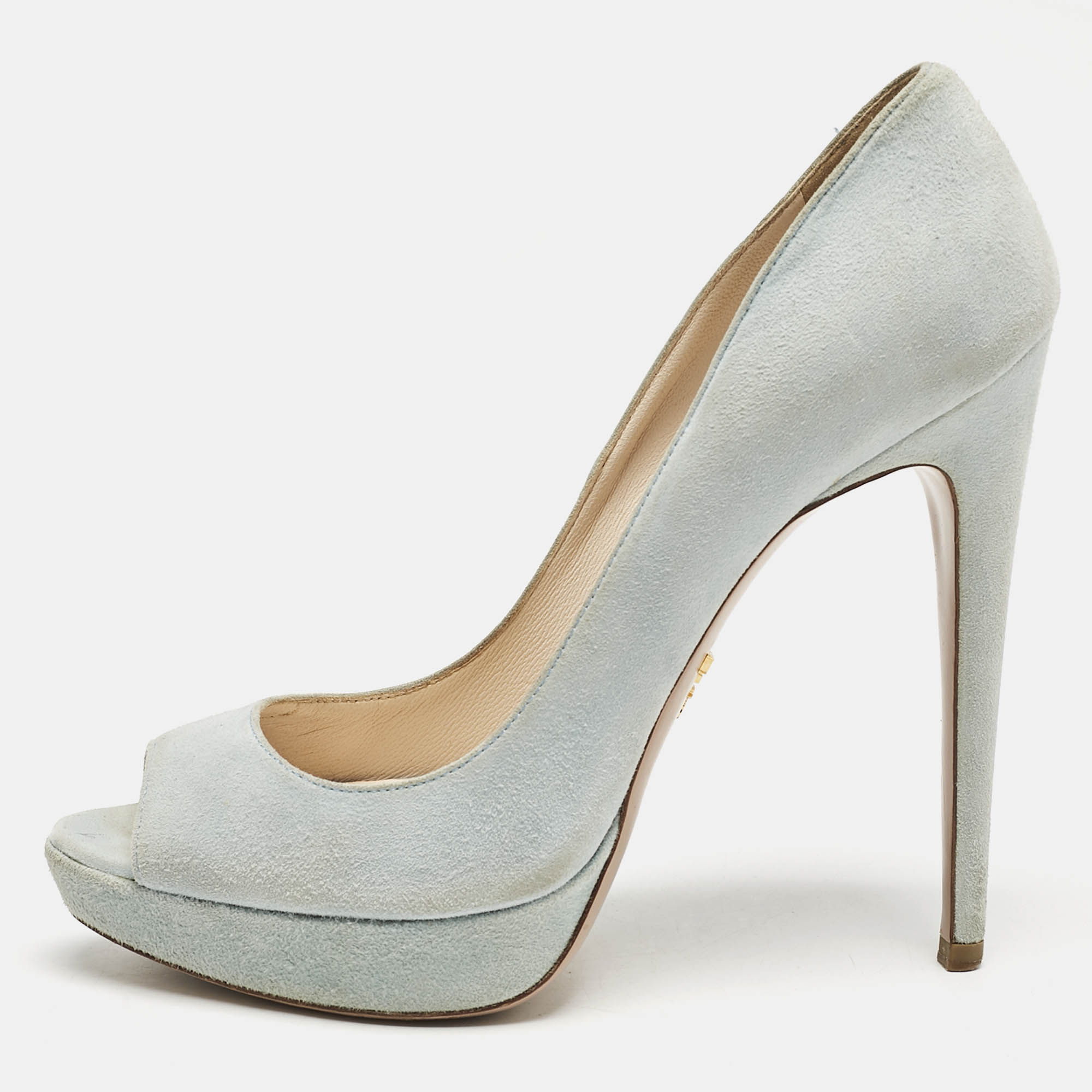 

Prada Light Blue Suede Peep Toe Platform Pumps Size