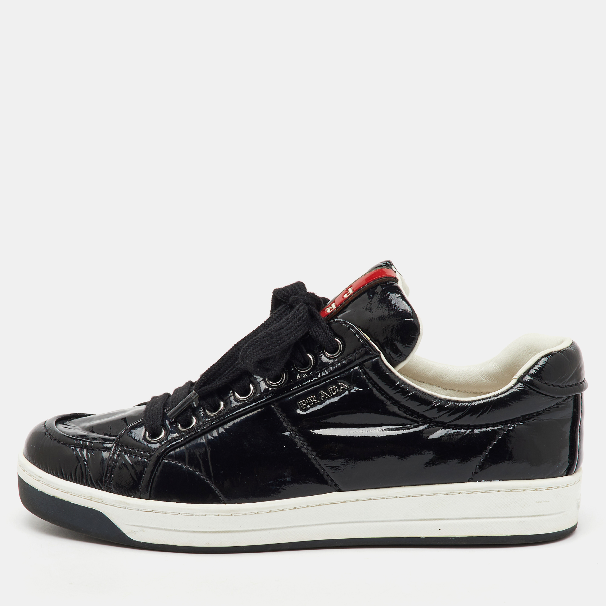 

Prada Black Patent Leather Lace Up Low Top Sneakers Size
