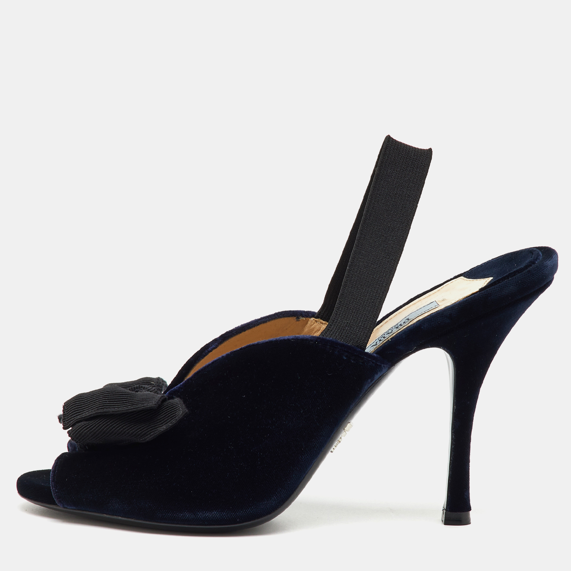 

Prada Navy Blue/Black Velvet Bow Slingback Sandals Size