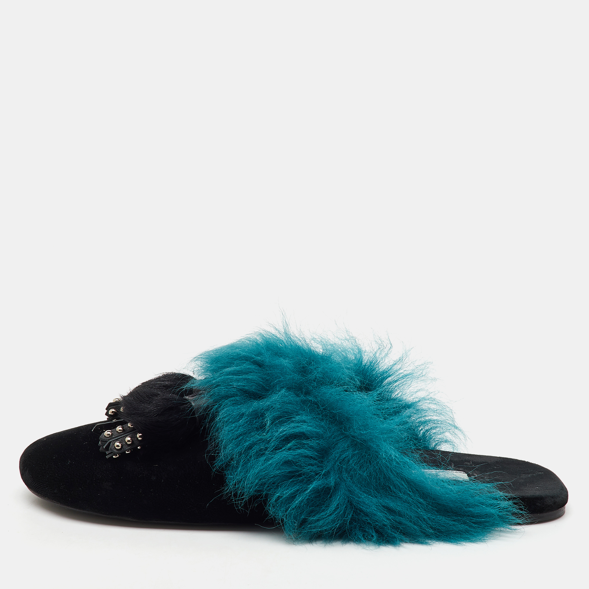 

Prada Black/Teal Velvet and Fur Tassel Flat Mules Size