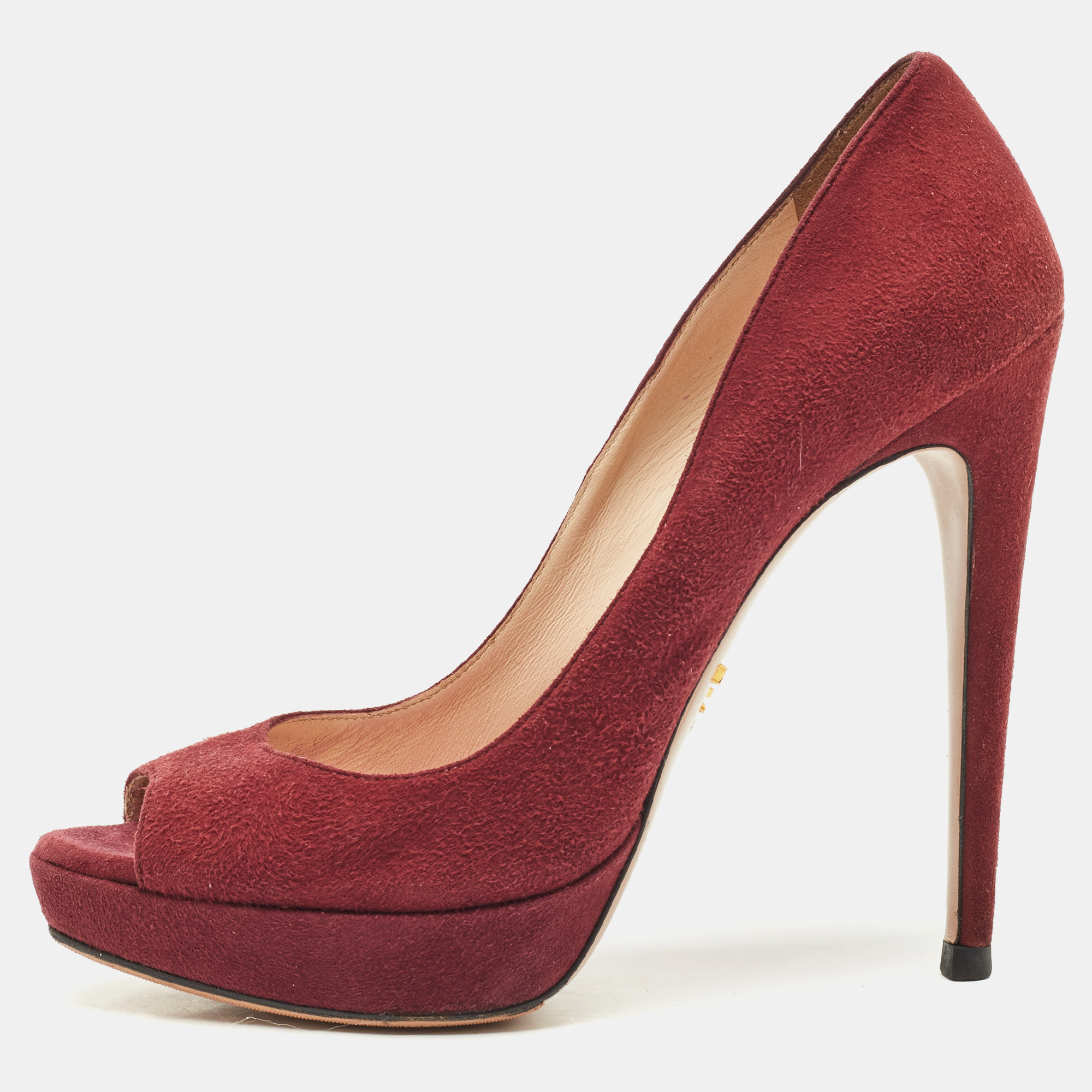 

Prada Burgundy Suede Peep Toe Pumps Size