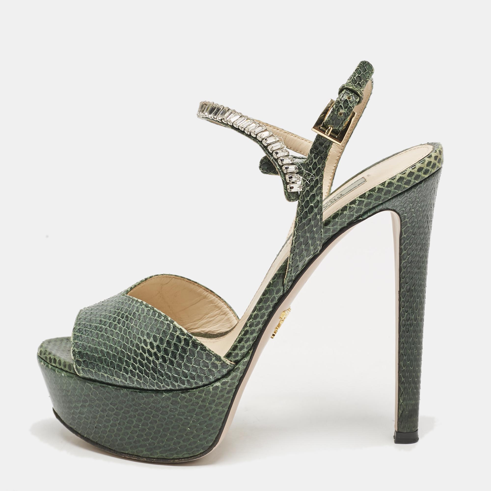 Pre-owned Prada Green Snakeskin Crystals Embellished Ankle Strap Sandals Size 36