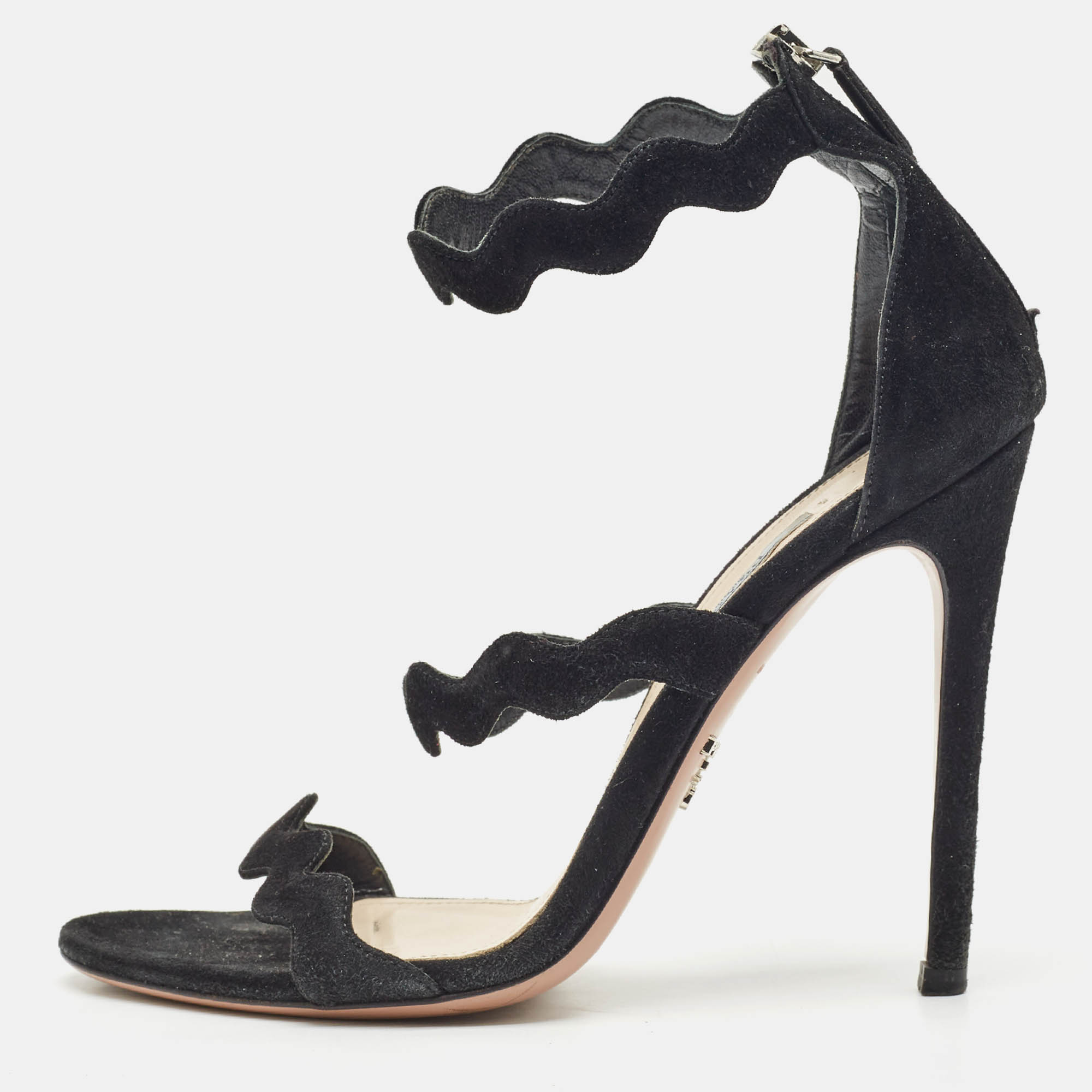 Pre-owned Prada Black Suede Wavy Ankle Strap Sandals Size 37.5