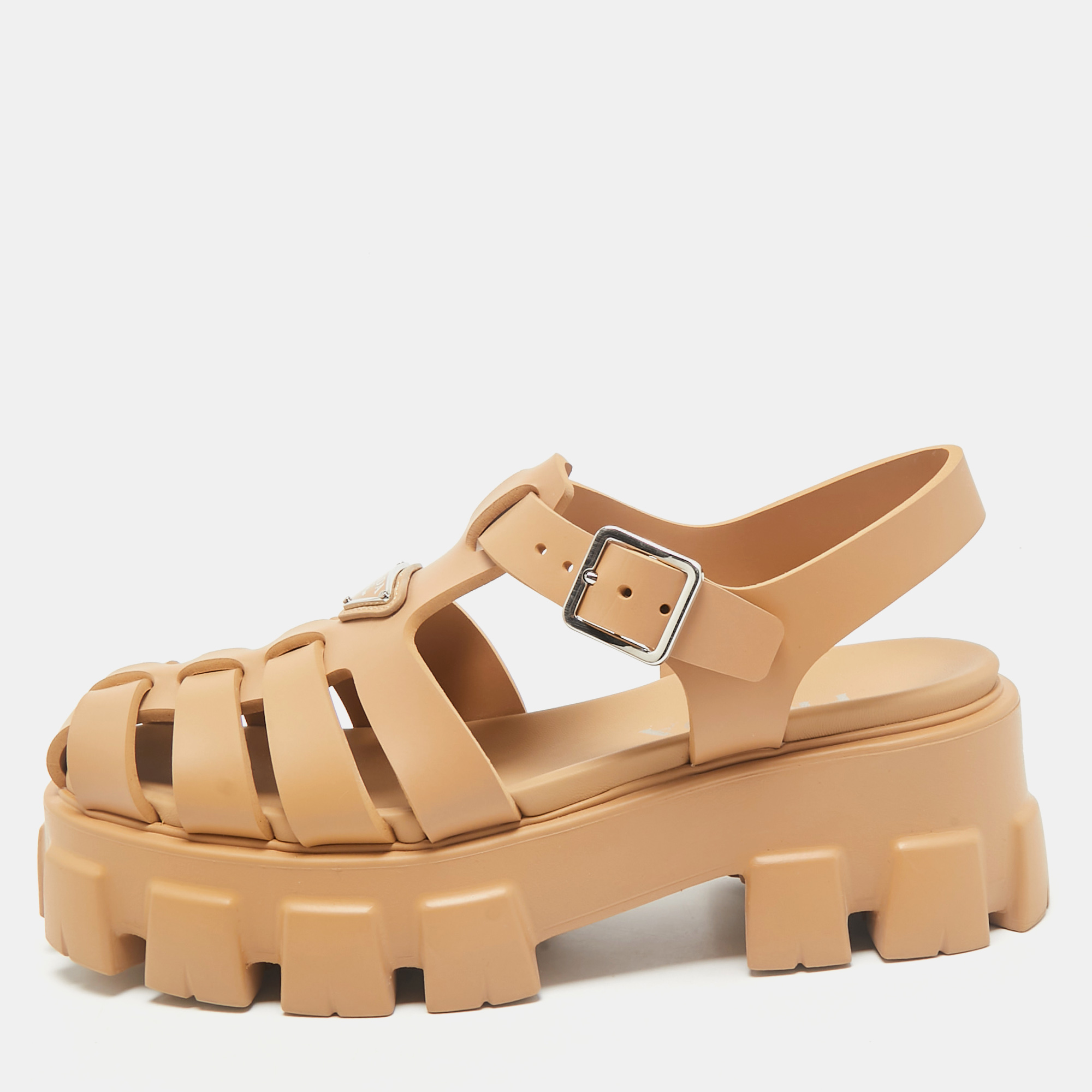 

Prada Beige Rubber Monolith Strappy Platform Sandals Size