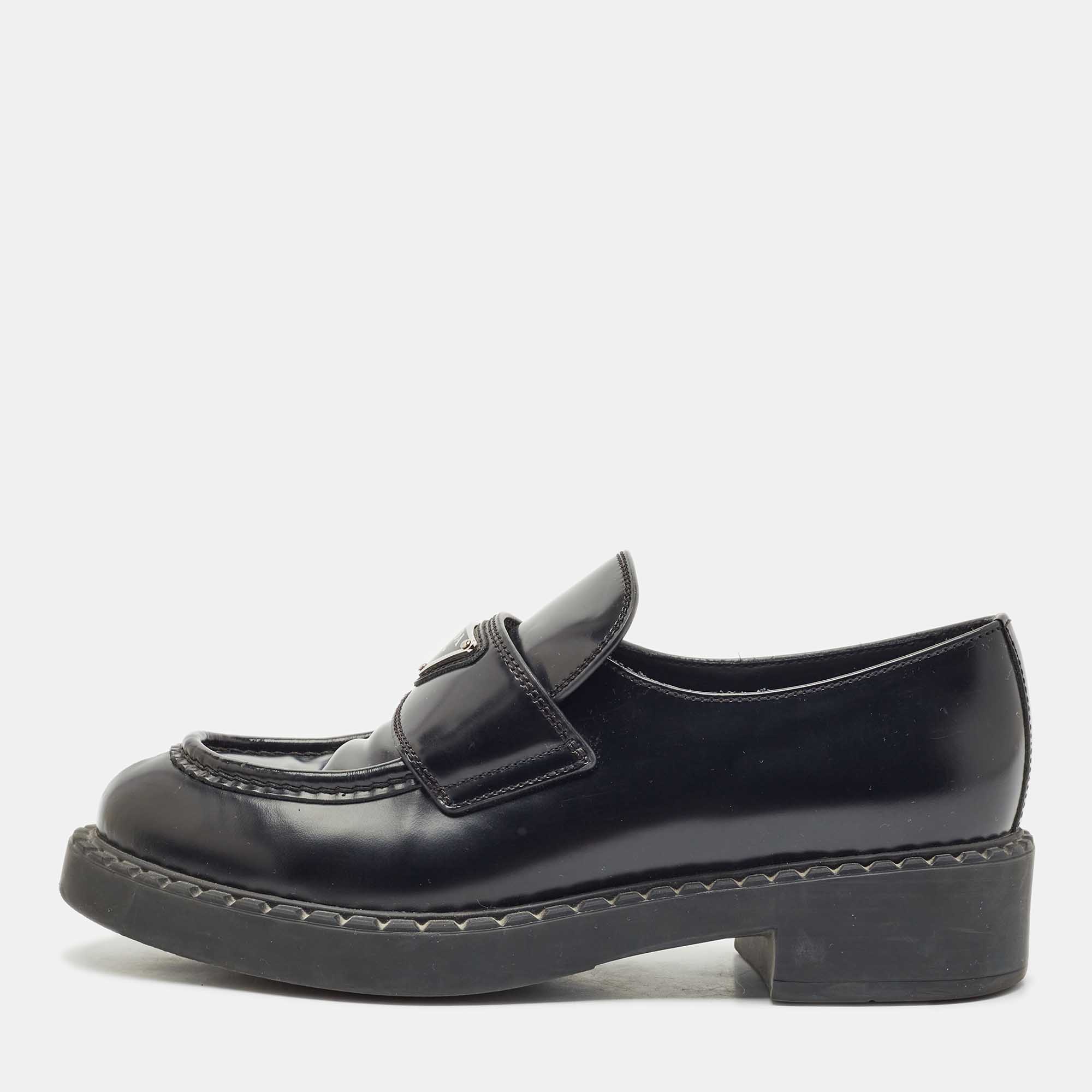 

Prada Black Patent Leather Triangle Logo Platform Loafers Size