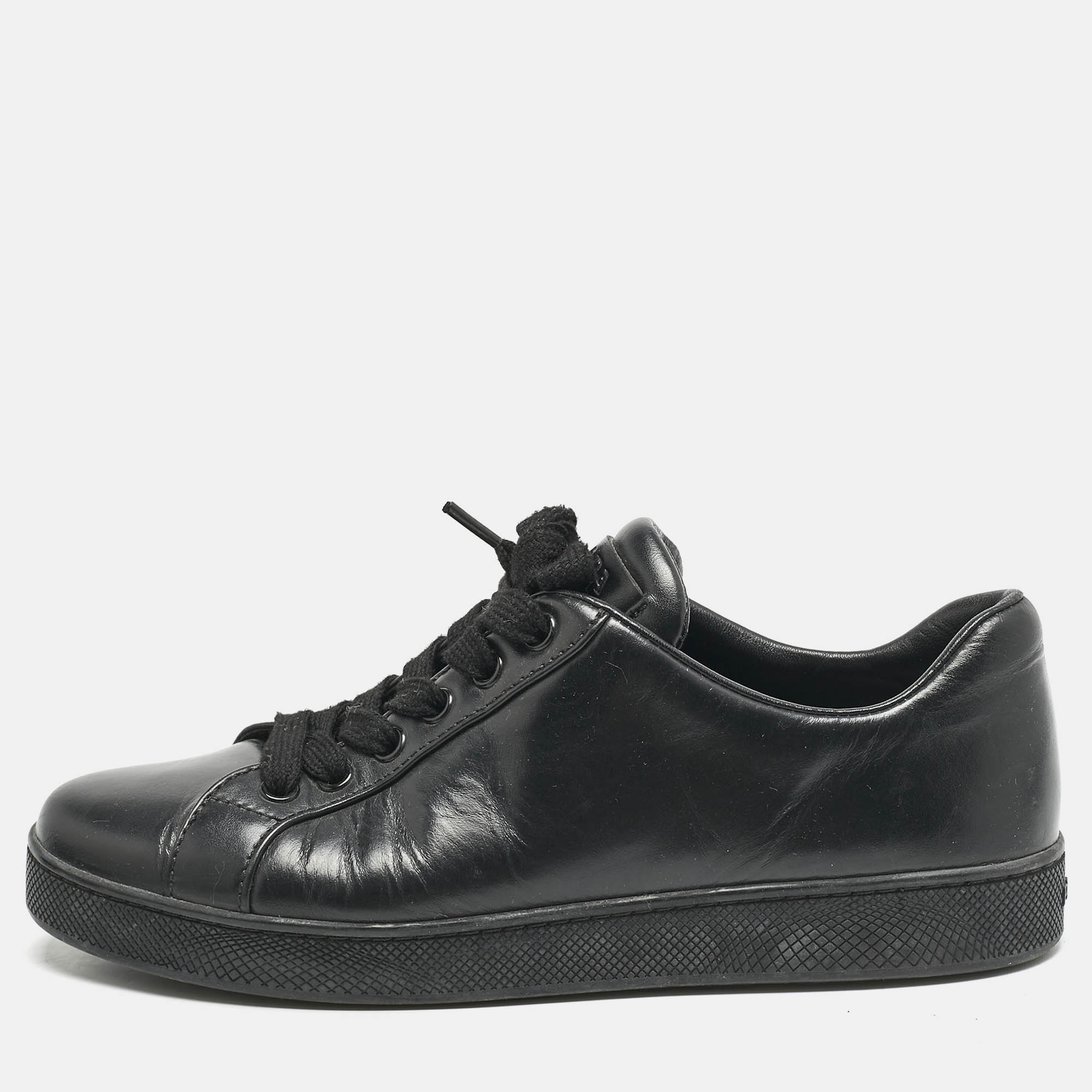 

Prada Black Leather Lace Up Low Top Sneakers Size