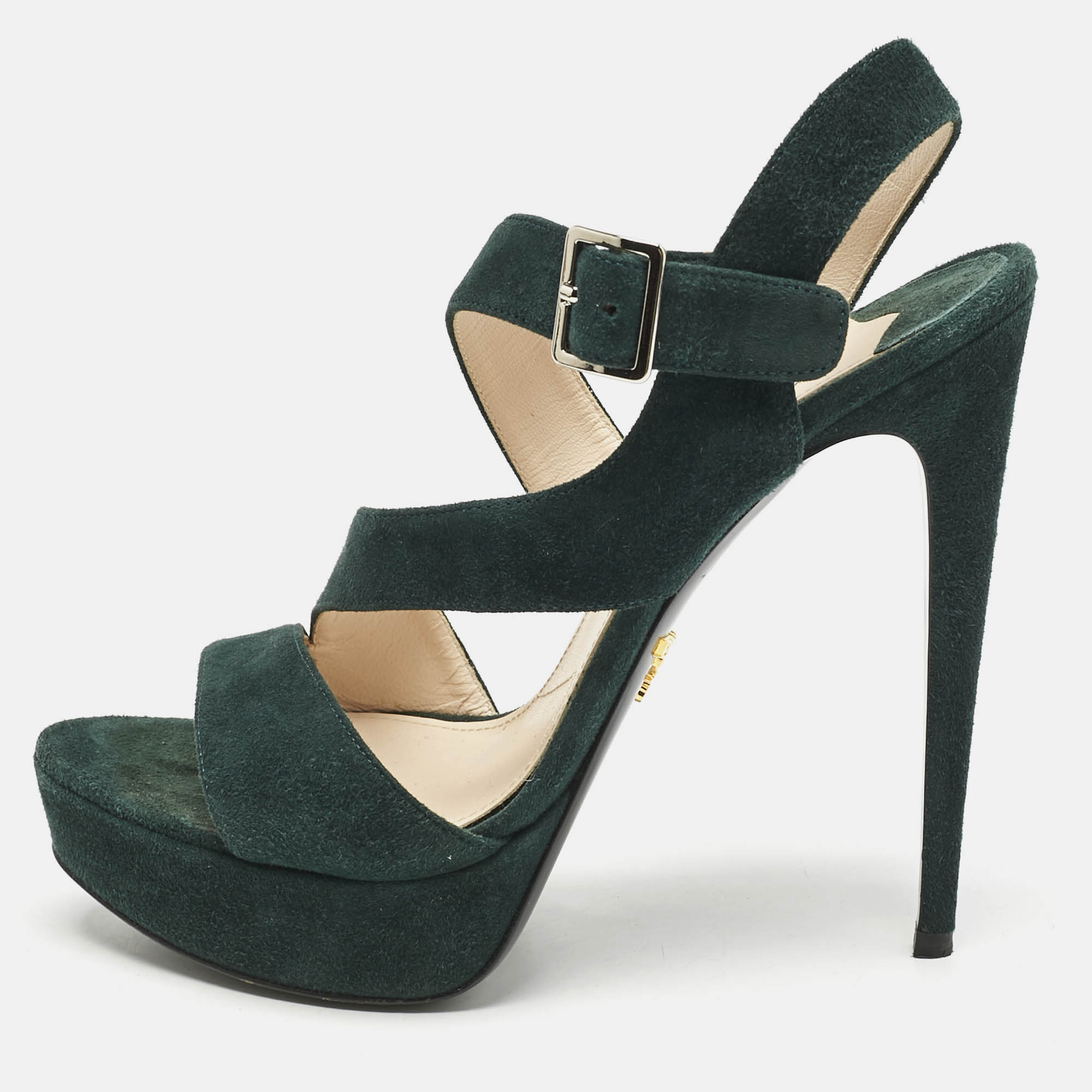 

Prada Dark Green Suede Ankle Strappy Platform Sandals Size
