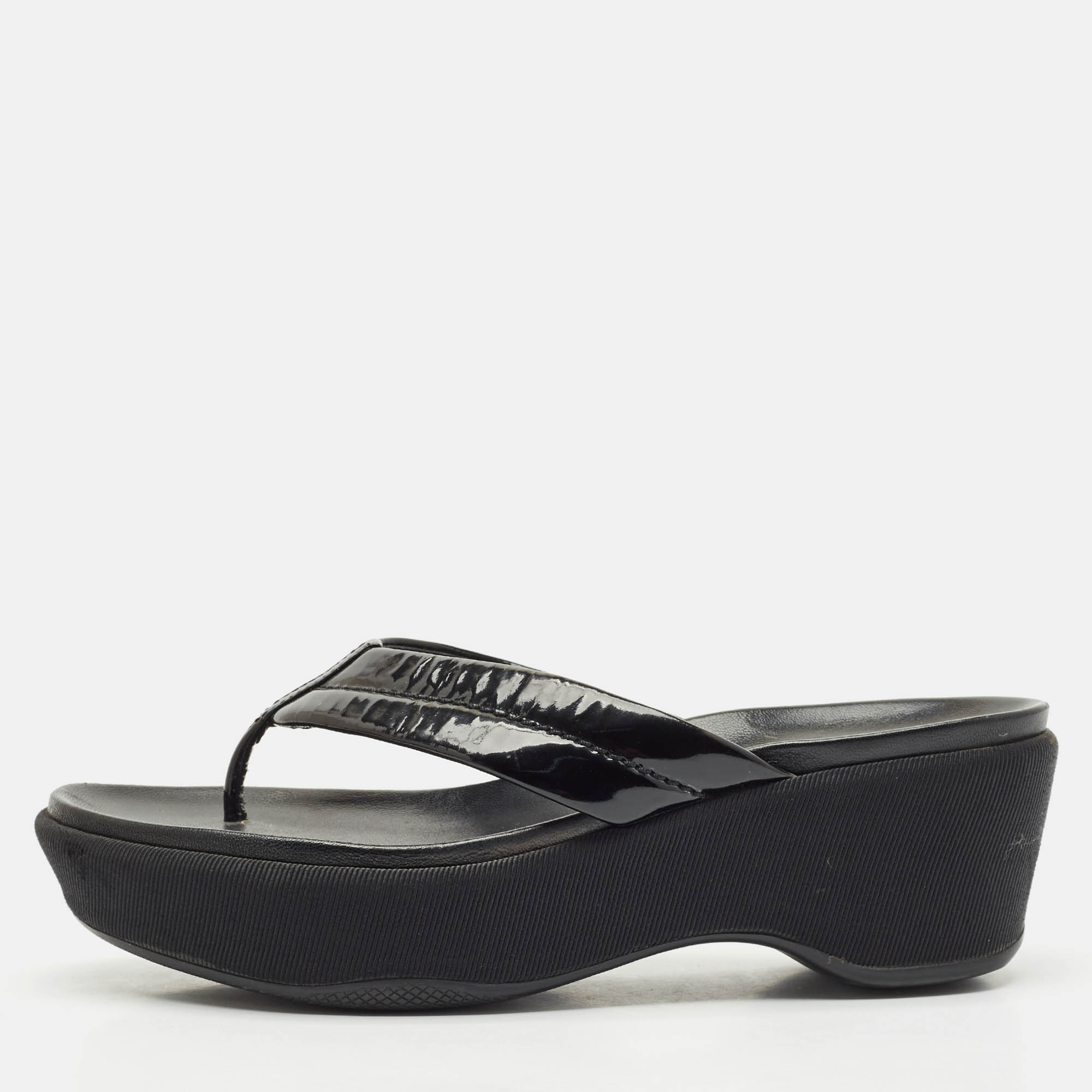 

Prada Black Patent Leather Platform Thong Sandals Size