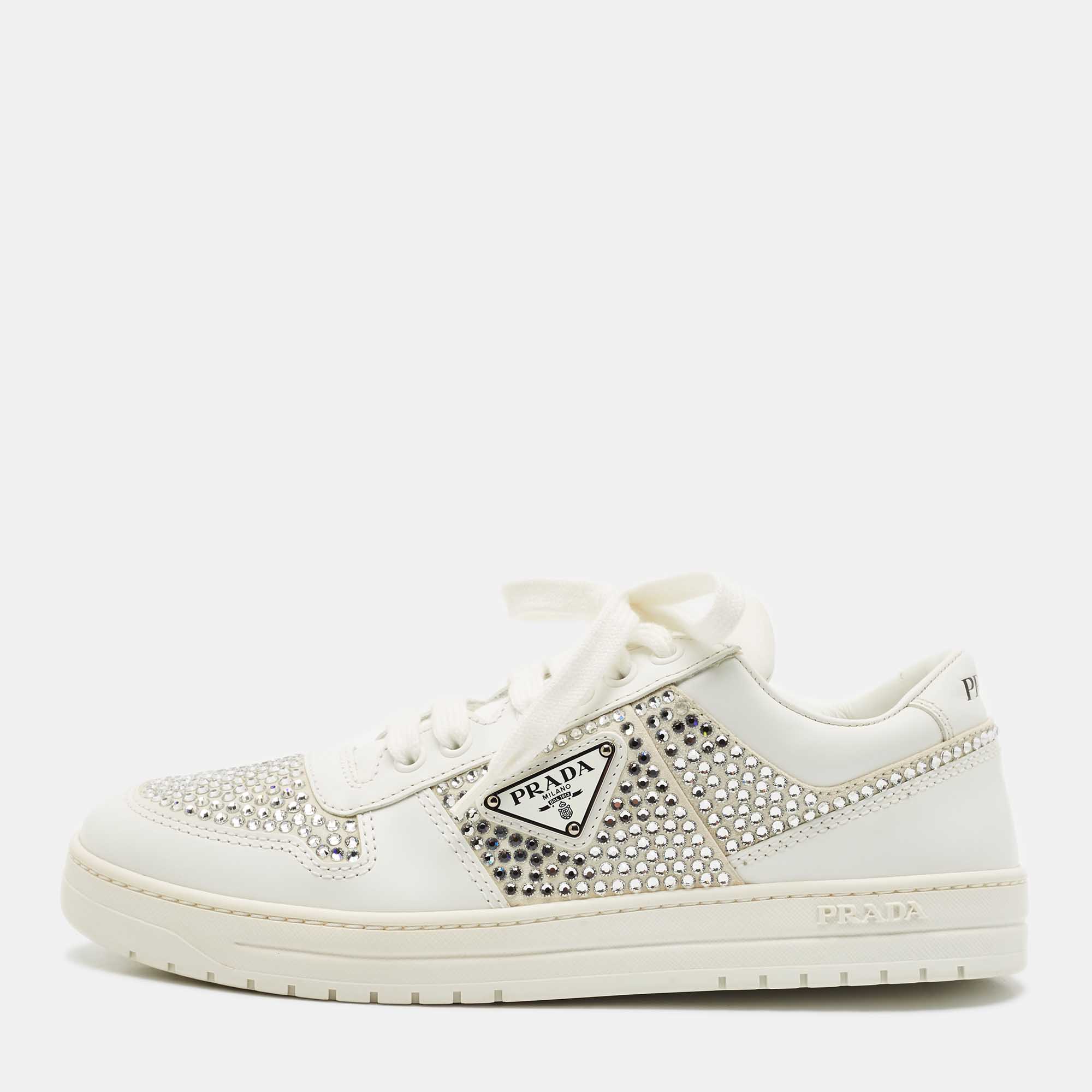 

Prada White Leather Crystals Embellished Low Top Sneakers Size