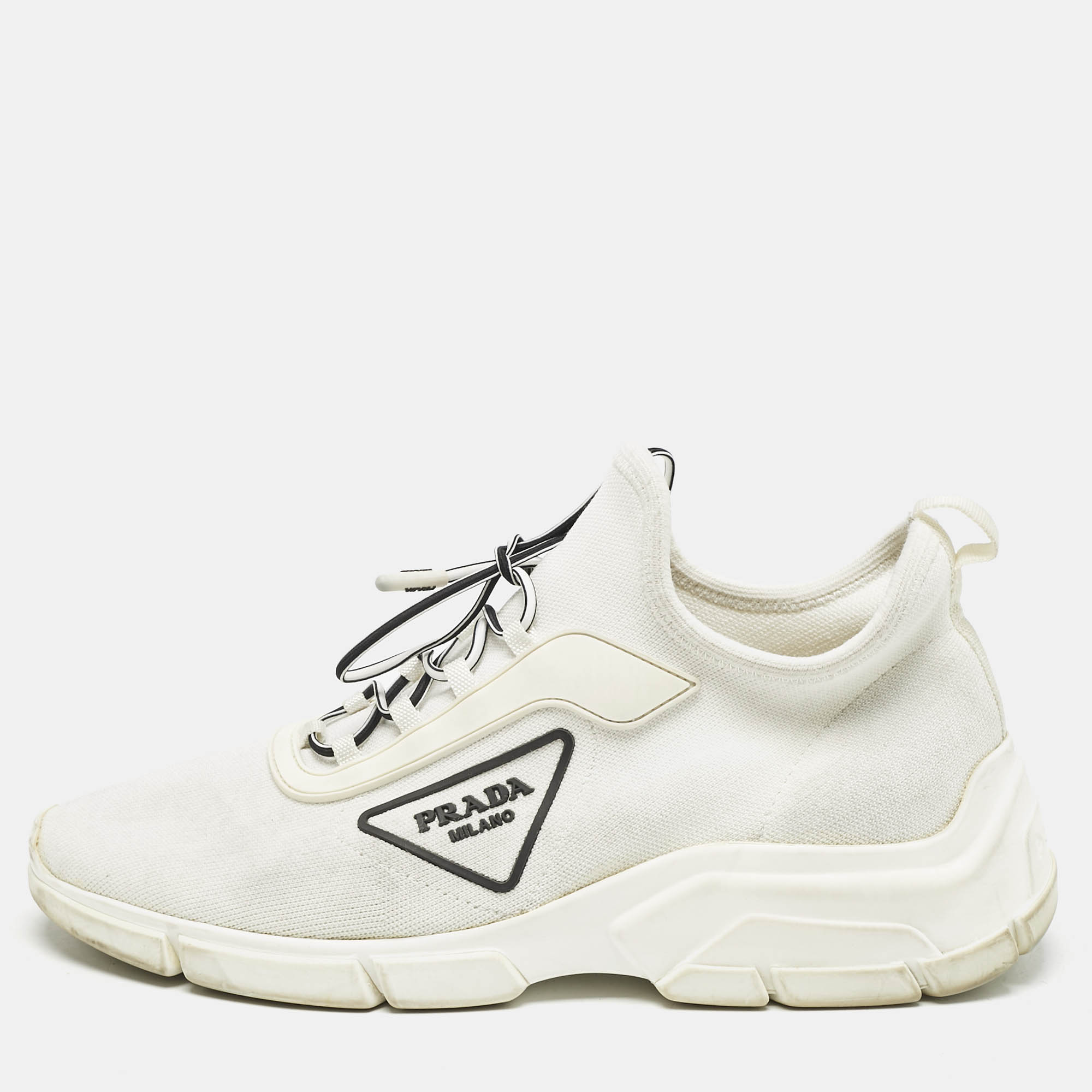 

Prada White Logo Knit Fabric Low Top Sneakers Size