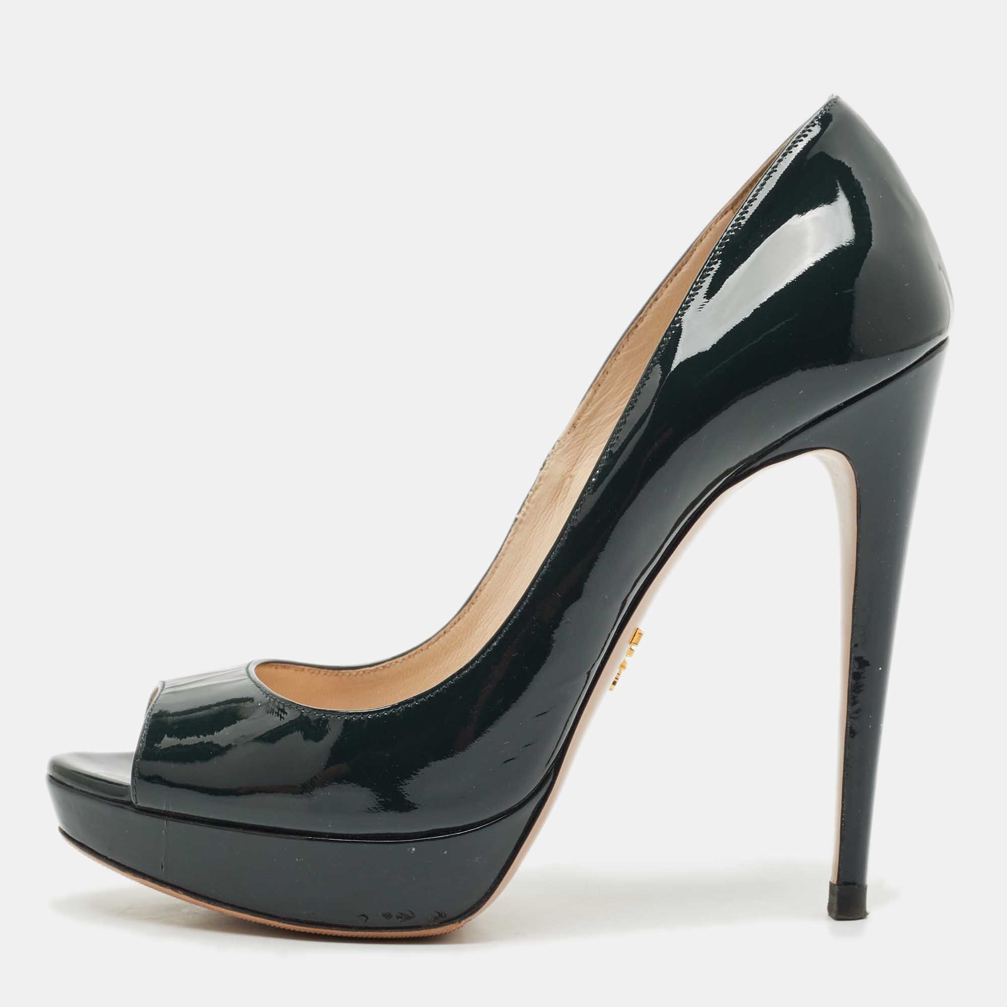 

Prada Dark Green Patent Leather Peep Toe Pumps Size