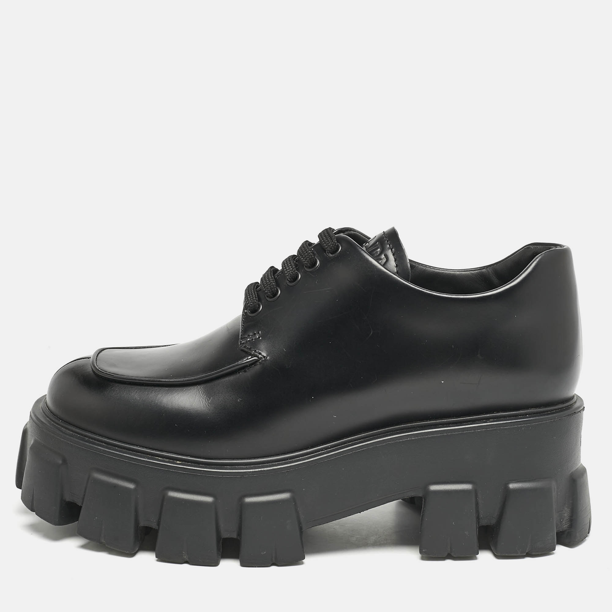 

Prada Black Leather Monolith Platform Lace Up Derby Size