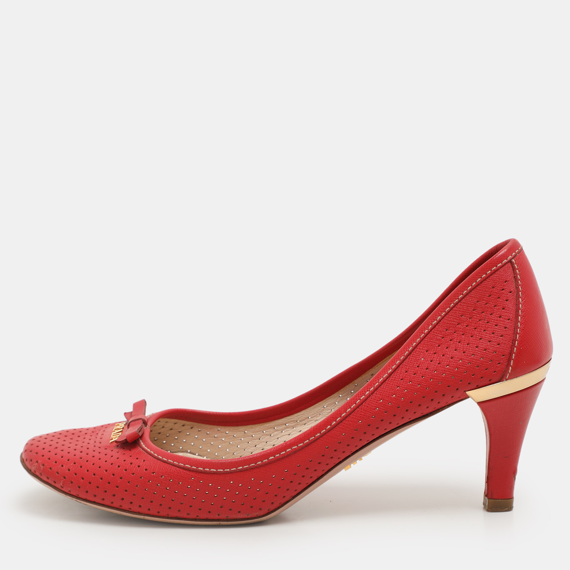 

Prada Red Perforated Leather Bow Embellished Pumps Size