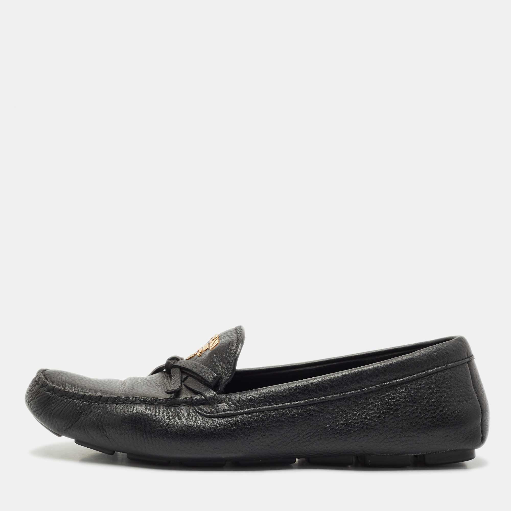 

Prada Black Leather Bow Logo Embellished Slip On Loafers Size