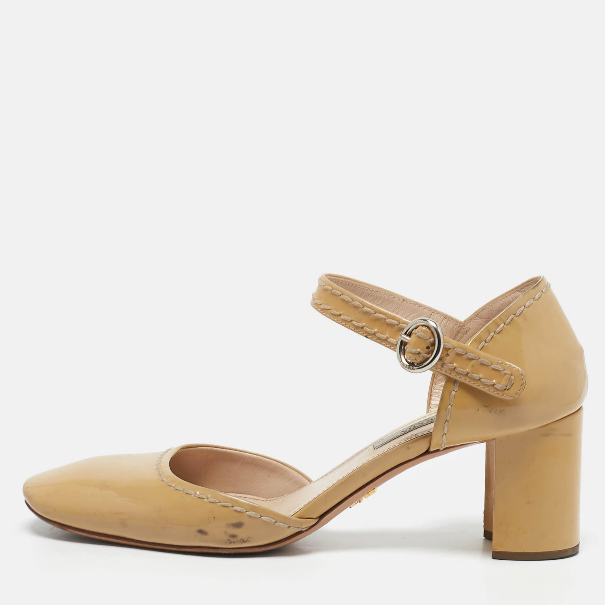 

Prada Beige Patent Leather Block Heel Mary Jane Pumps Size