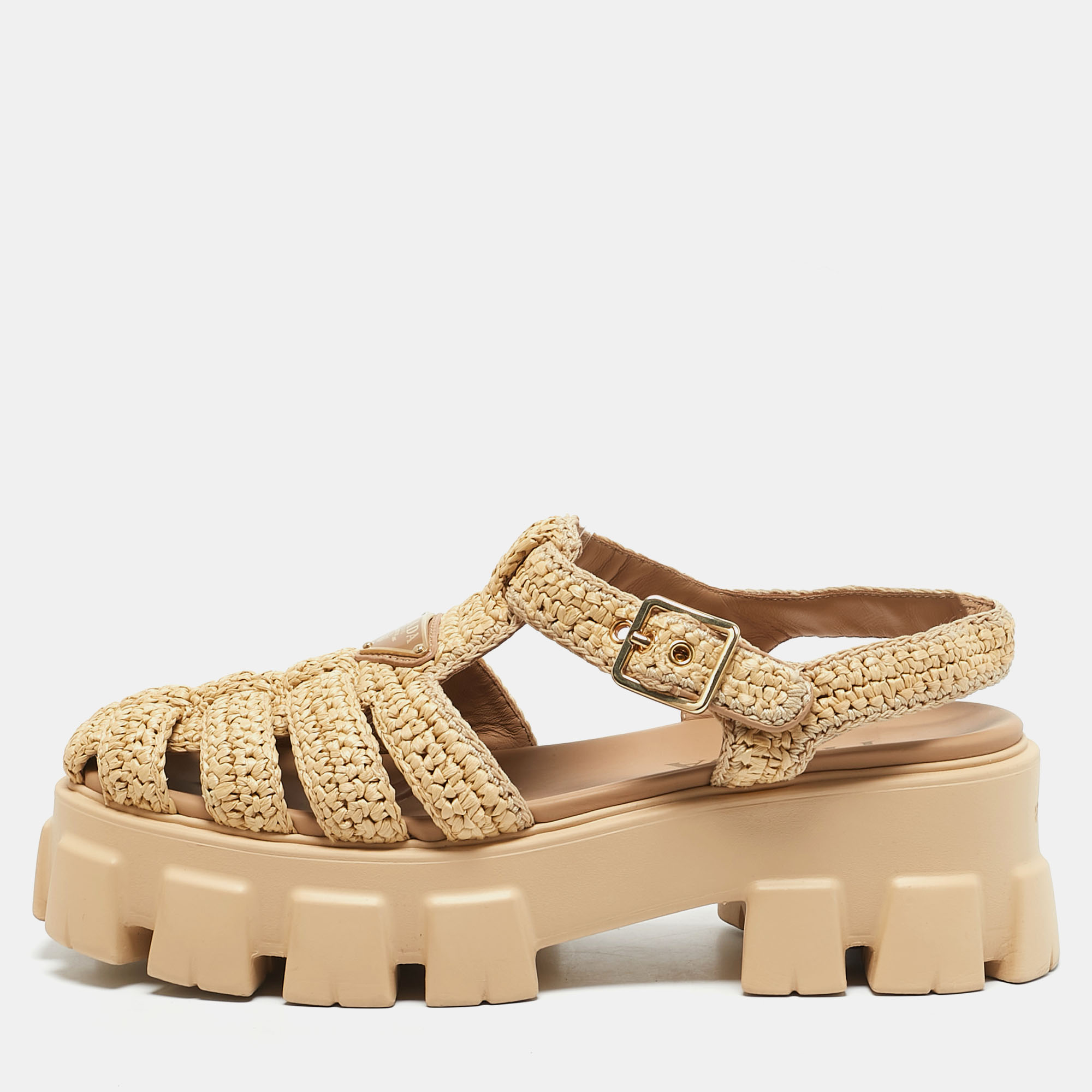 

Prada Beige Raffia Monolith Platform Sandals Size