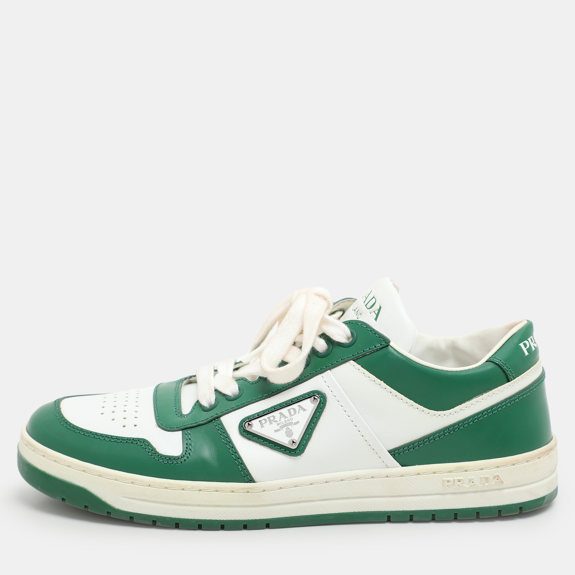 

Prada Green/White Leather Downtown Low Top Sneakers Size