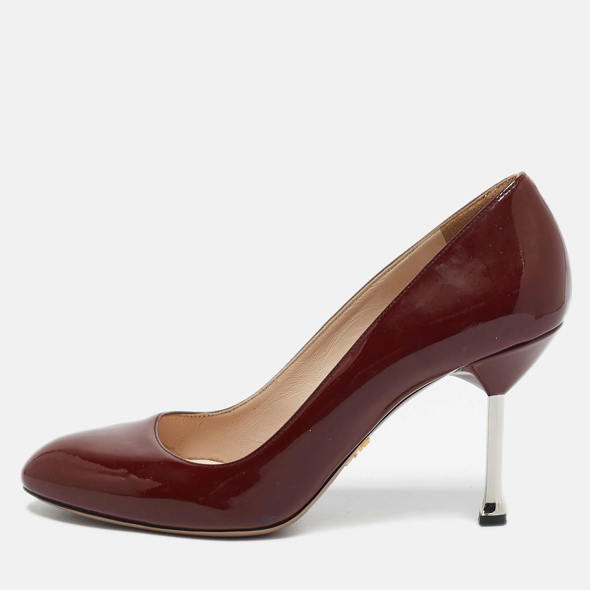 

Prada Dark Red Patent Leather Metal Heel Pumps Size