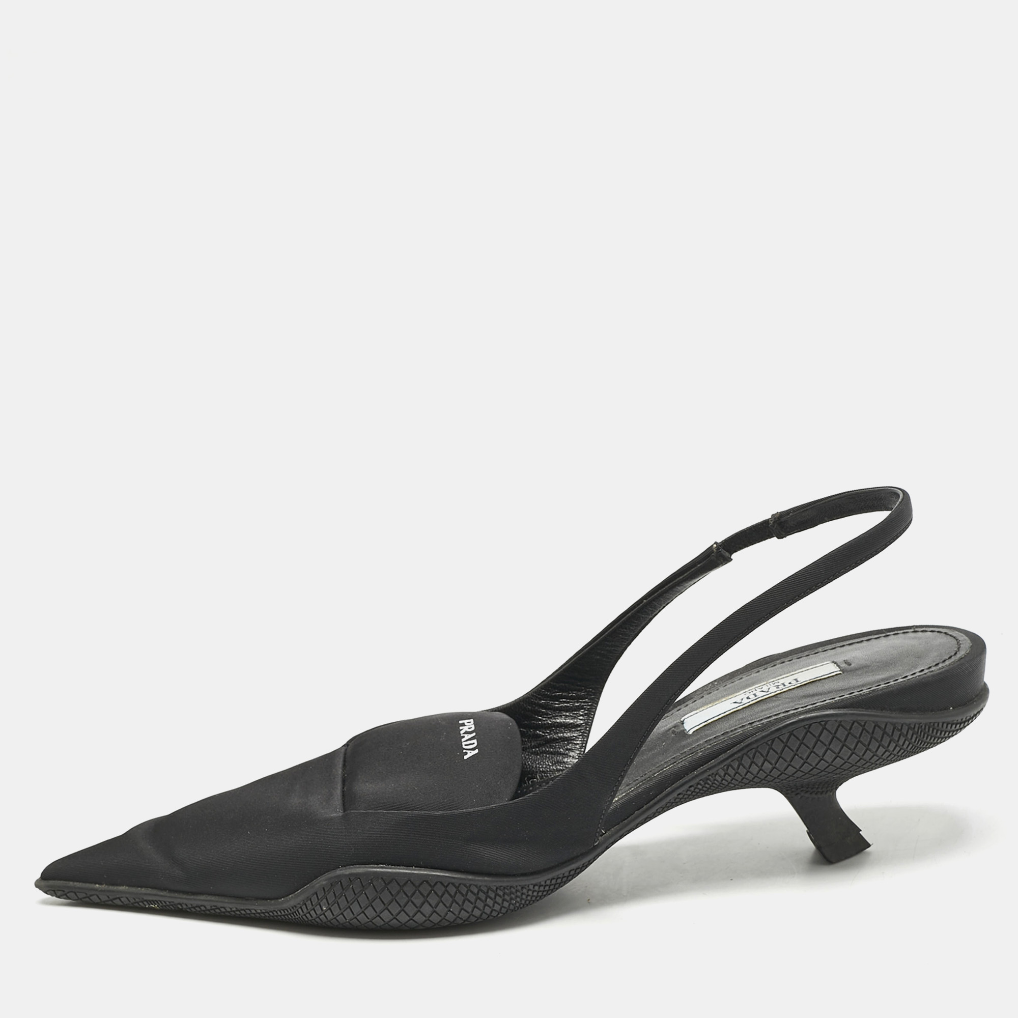 

Prada Black Nylon Logo Print Pointed Toe Slingback Pumps Size