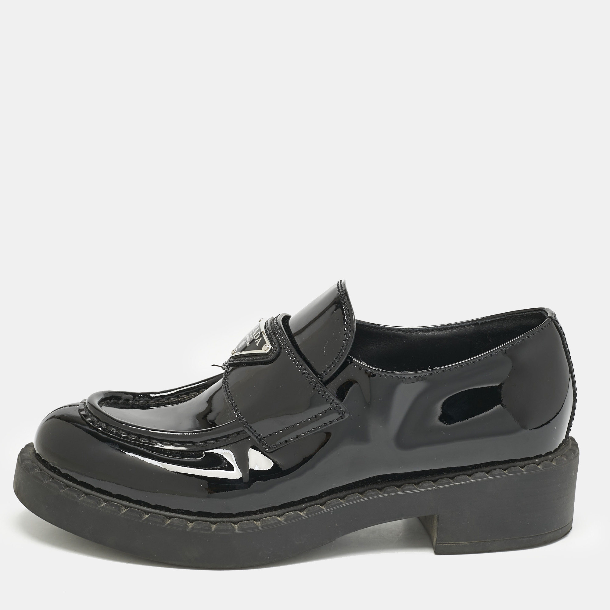 

Prada Black Patent Leather Triangle Logo Slip On Loafers Size