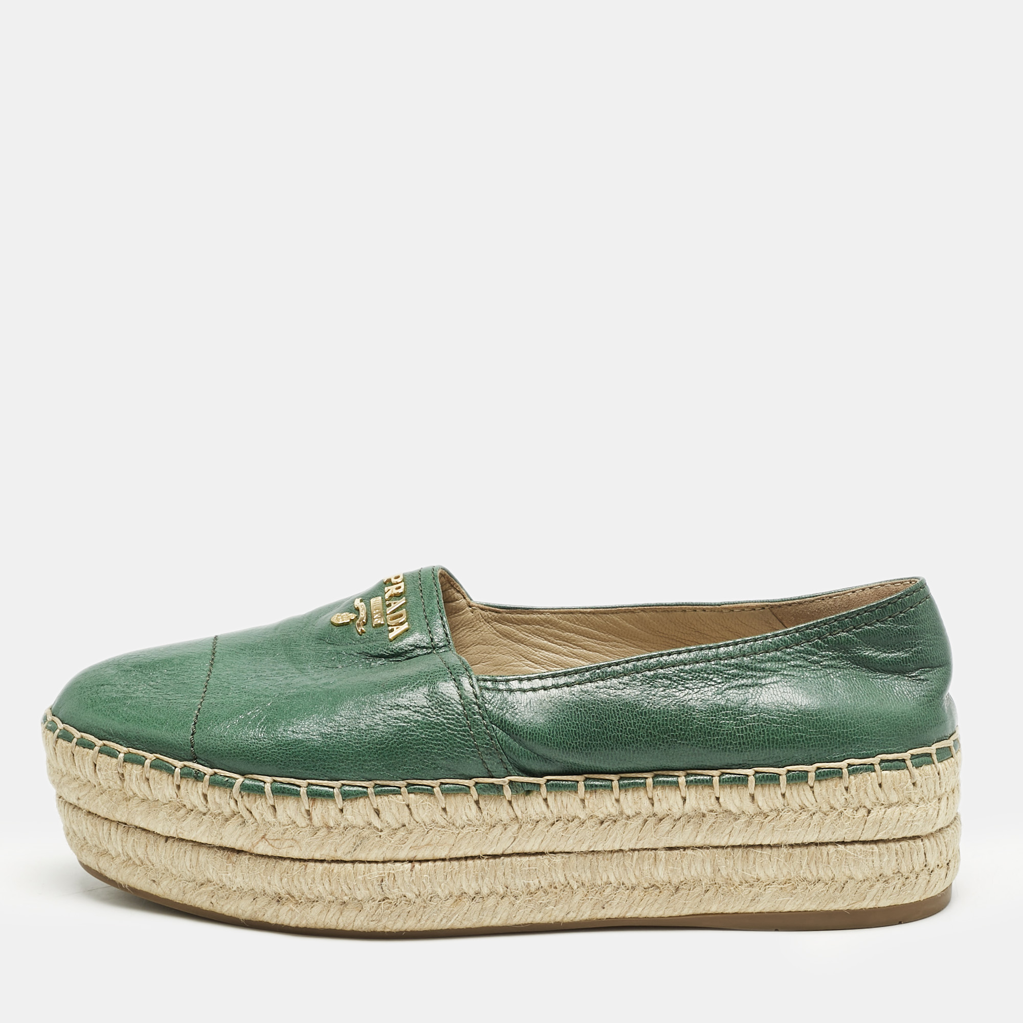 

Prada Green Leather Logo Platform Espadrilles Size