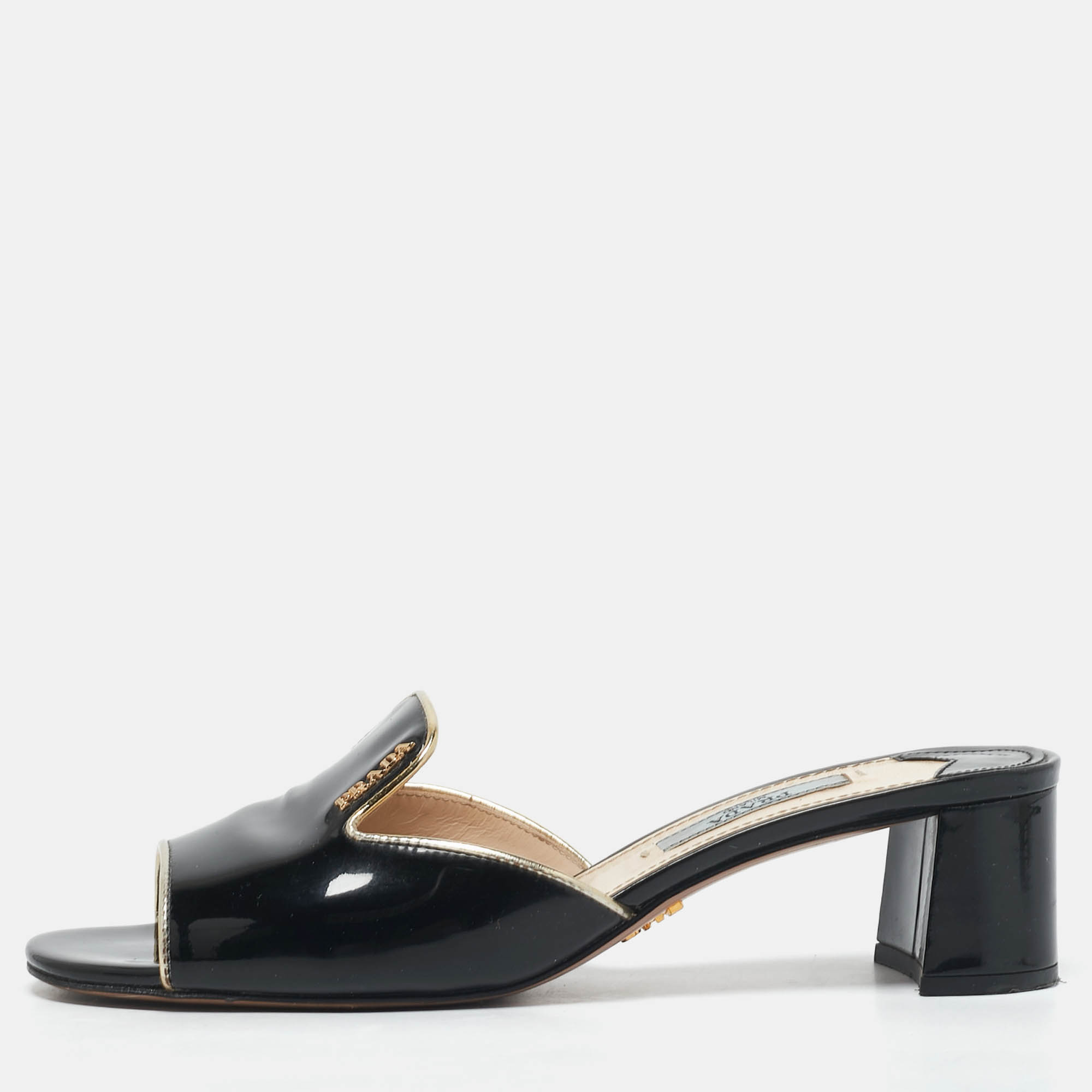 

Prada Black Patent Leather Logo Slide Sandals Size