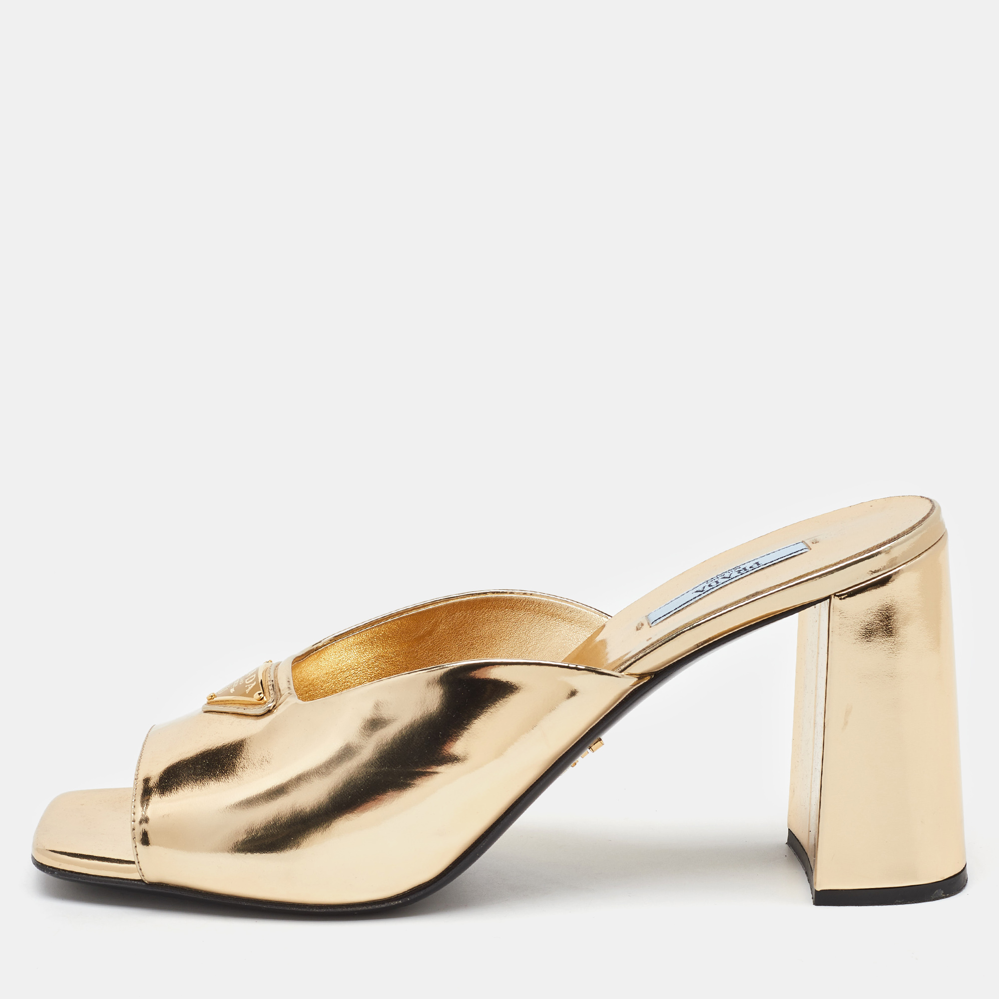 

Prada Gold Patent Leather Block Heel Slide Sandals Size