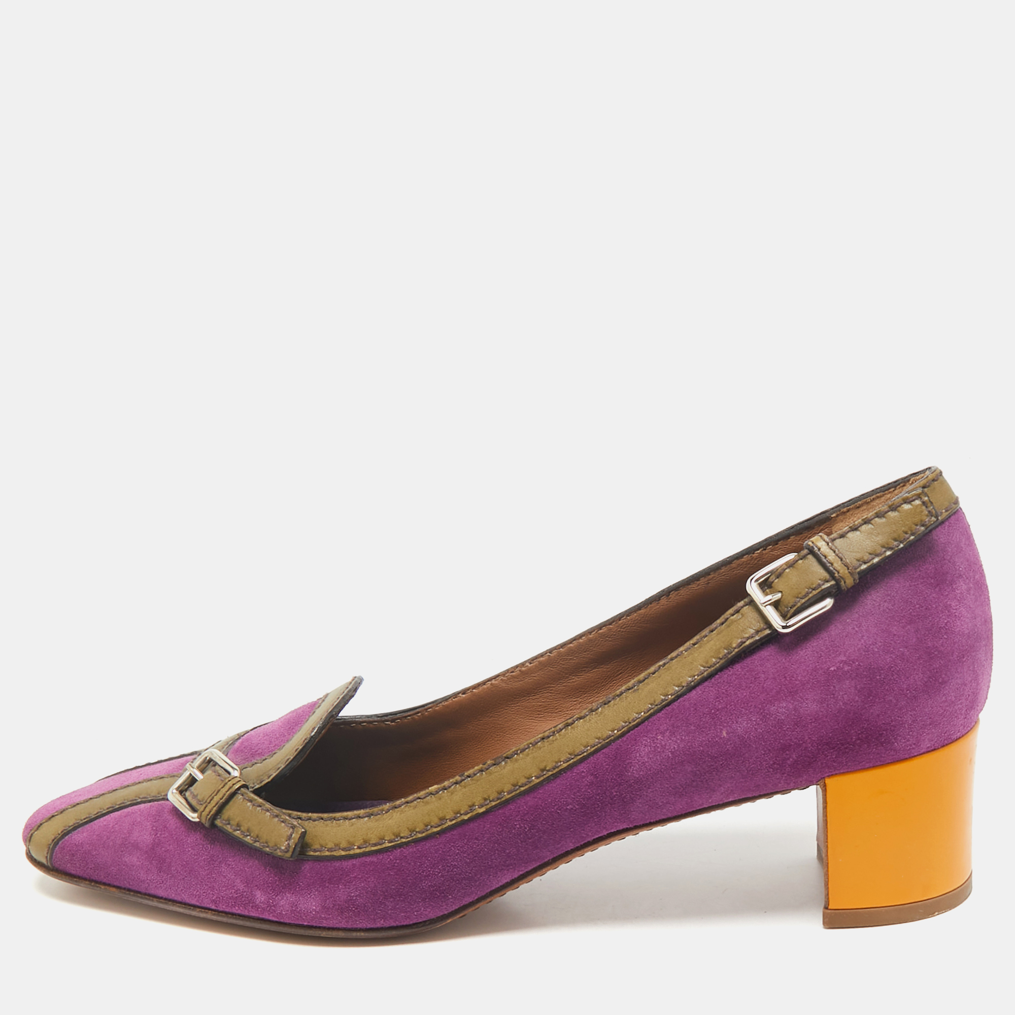Pre-owned Prada Multicolor Leather And Suede Block Heel Pumps Size 38.5
