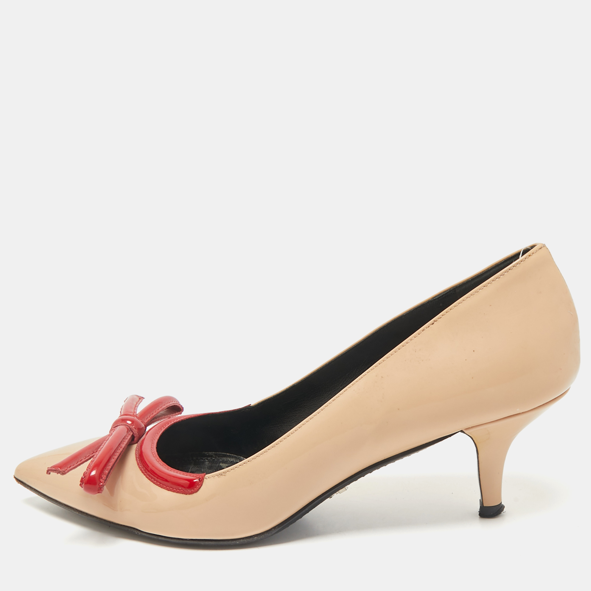 

Prada Beige/Red Patent Leather Pointed Toe Bow Pumps Size
