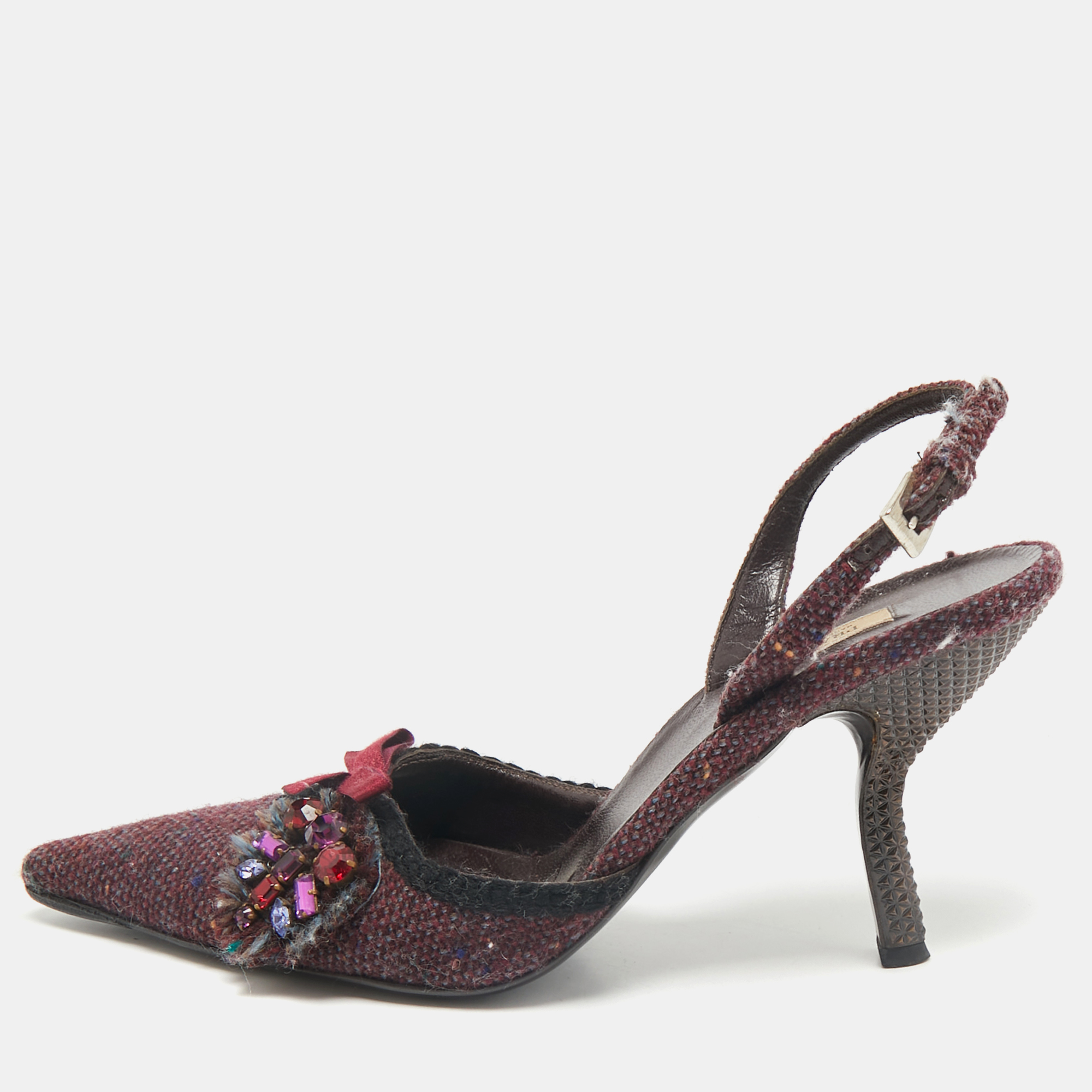 

Prada Burgundy Tweed Crystal Embellished Slingback Pumps Size