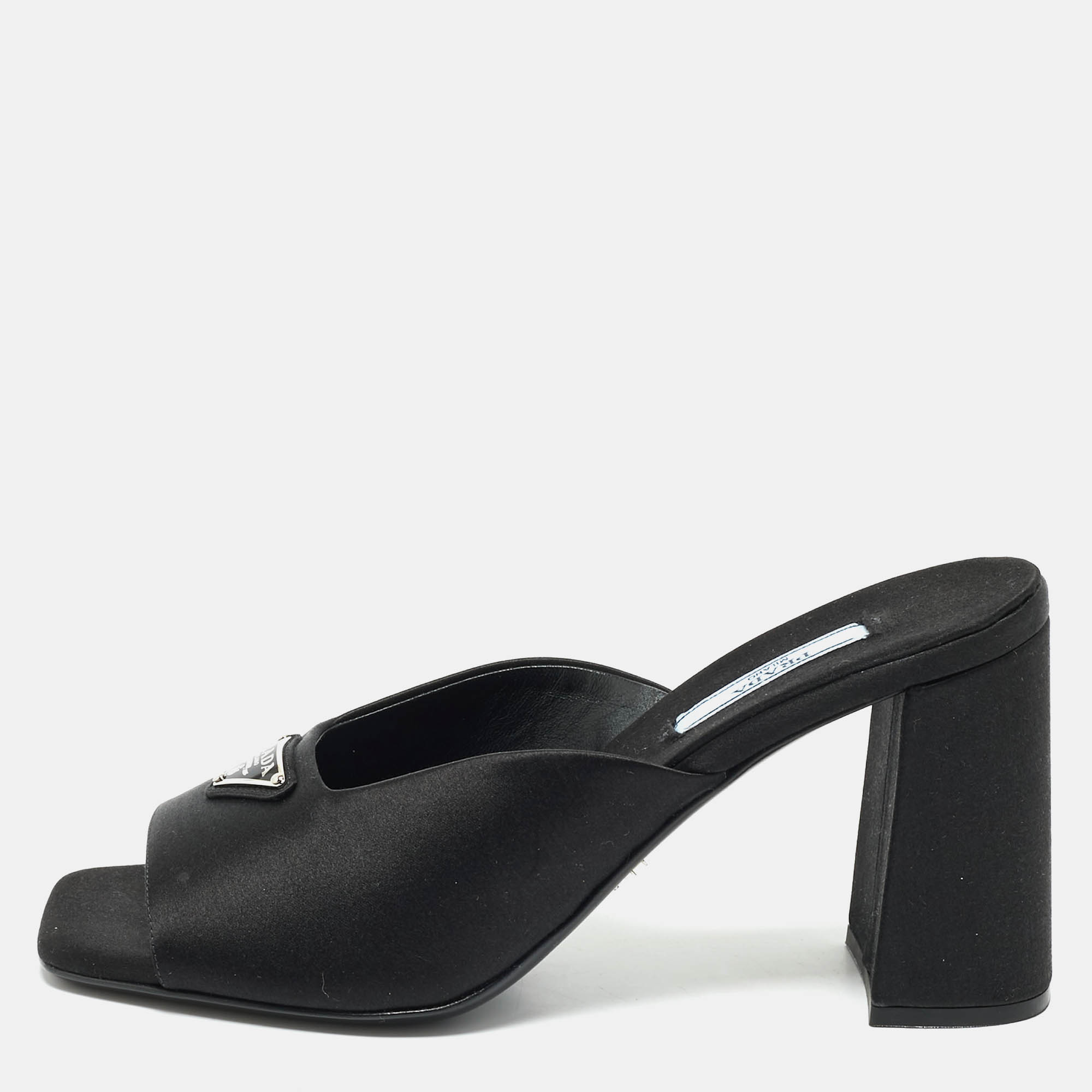 

Prada Black Satin Triangle Logo Block Heel Slide Sandals Size