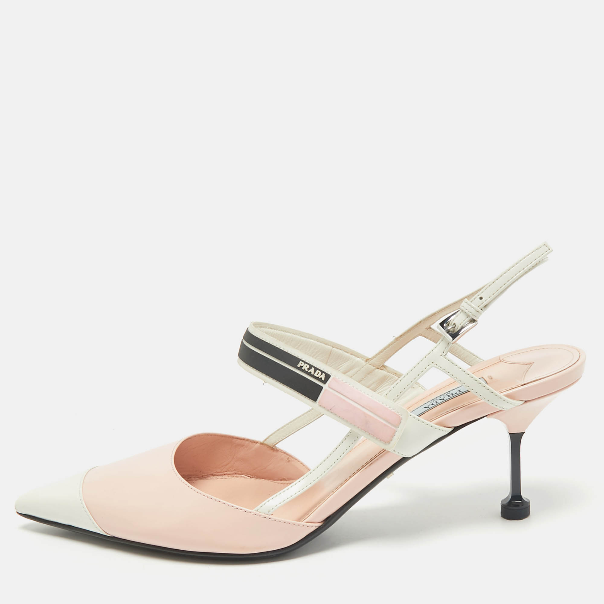 

Prada Pink/White Leather Pointed Toe Slingback Pumps Size