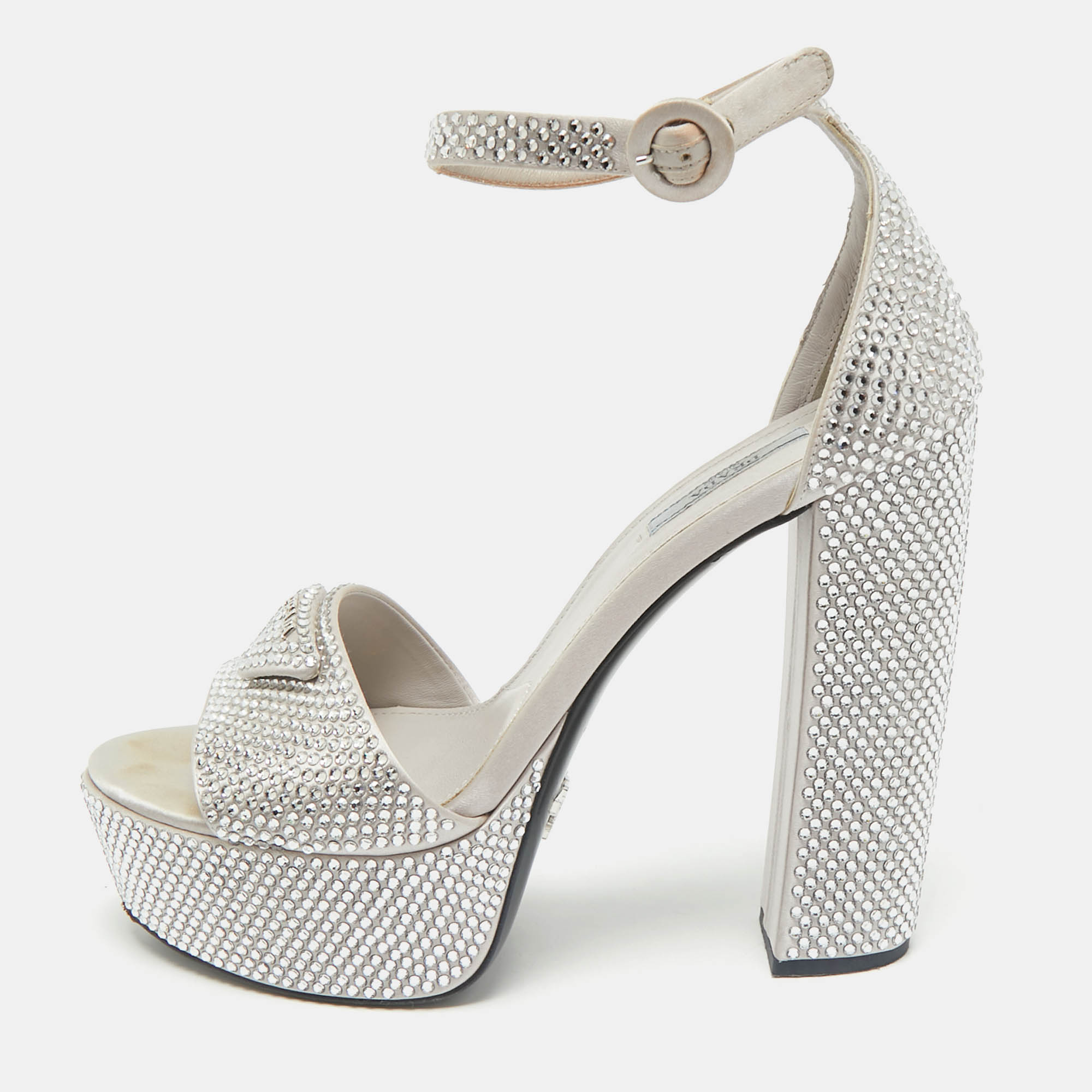 

Prada Light Grey Satin Crystal Embellished Ankle Strap Platform Sandals Size