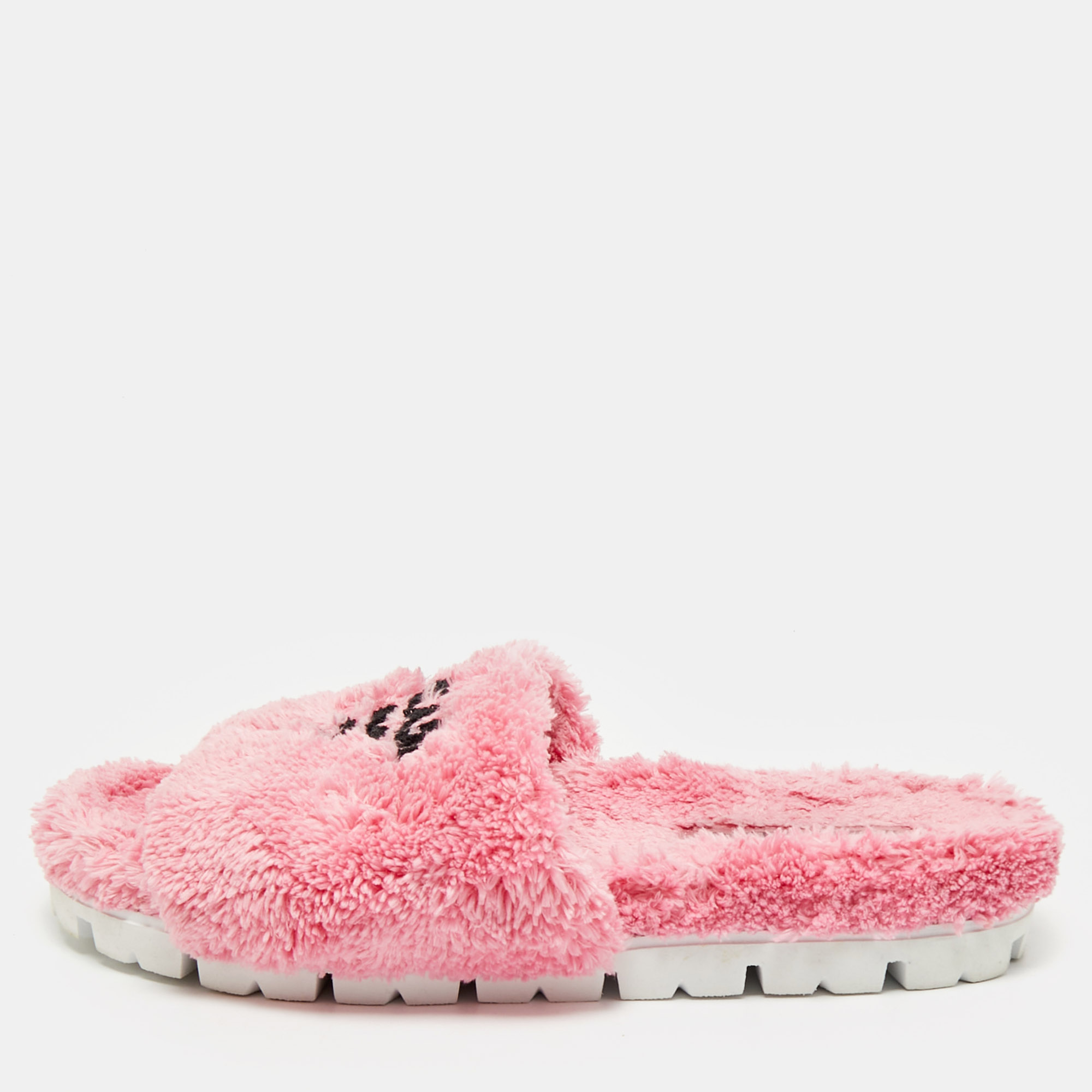 

Prada Pink Shearling Logo Slide Flats Size