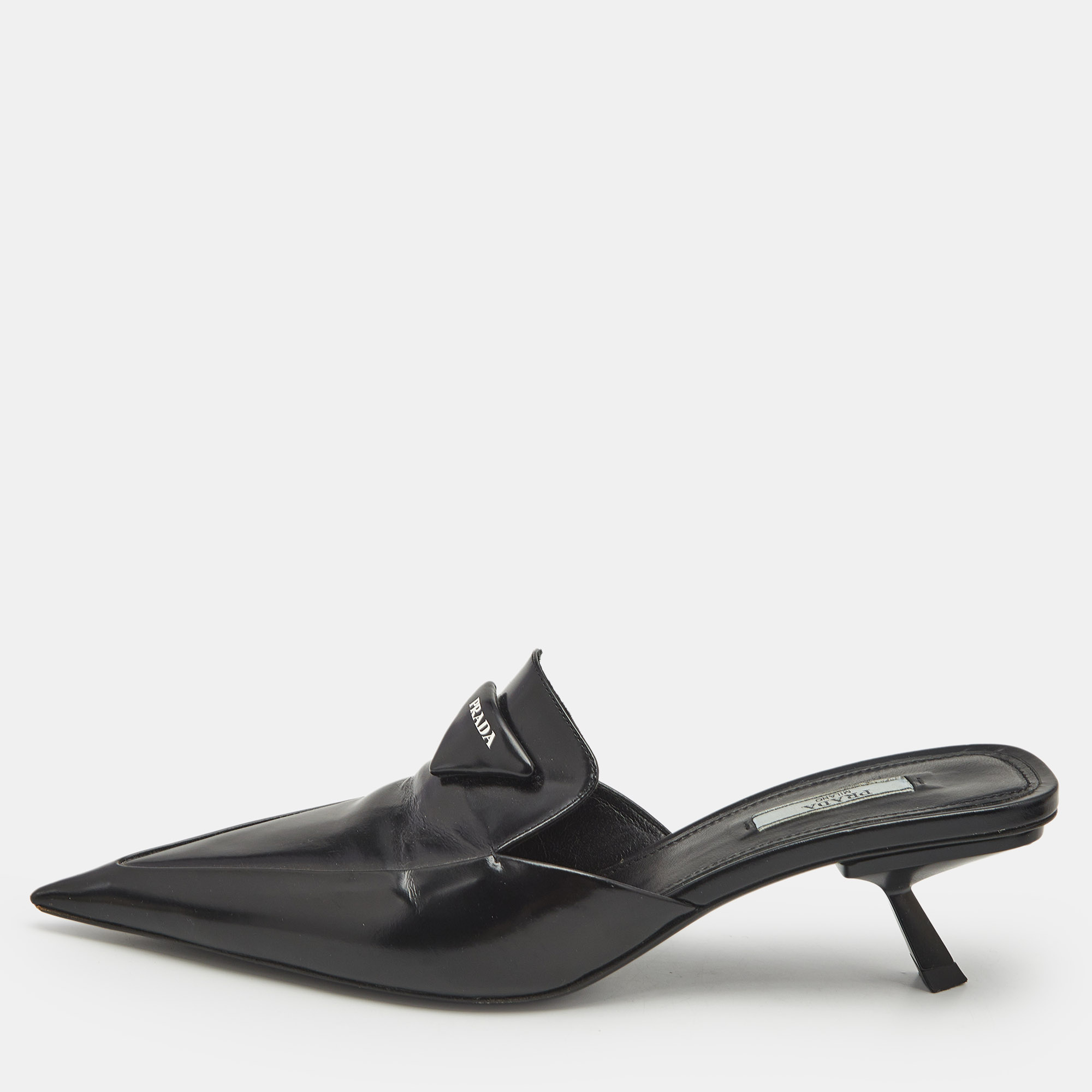 

Prada Black Saffiano Leather Logo Mules Size