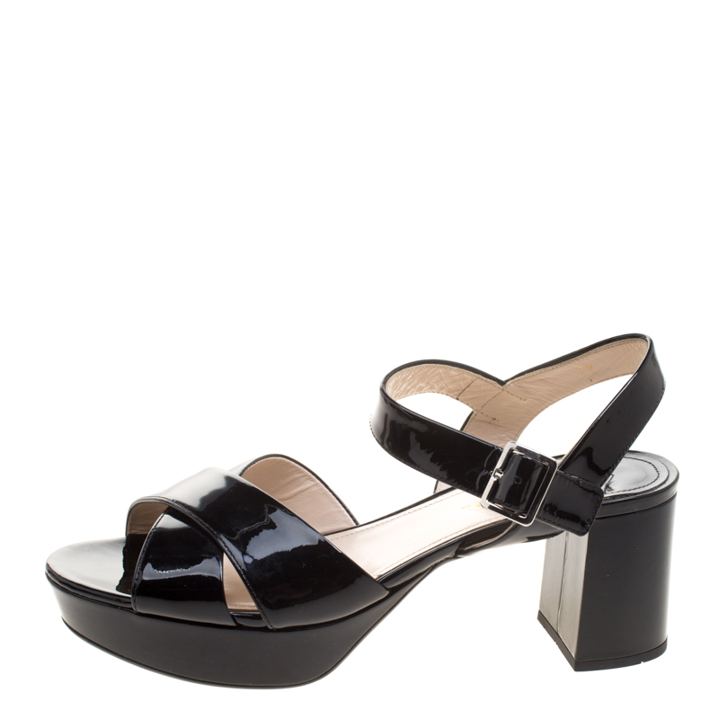 Prada Black Patent Leather Criss Cross Ankle Strap Block Heel Platform ...