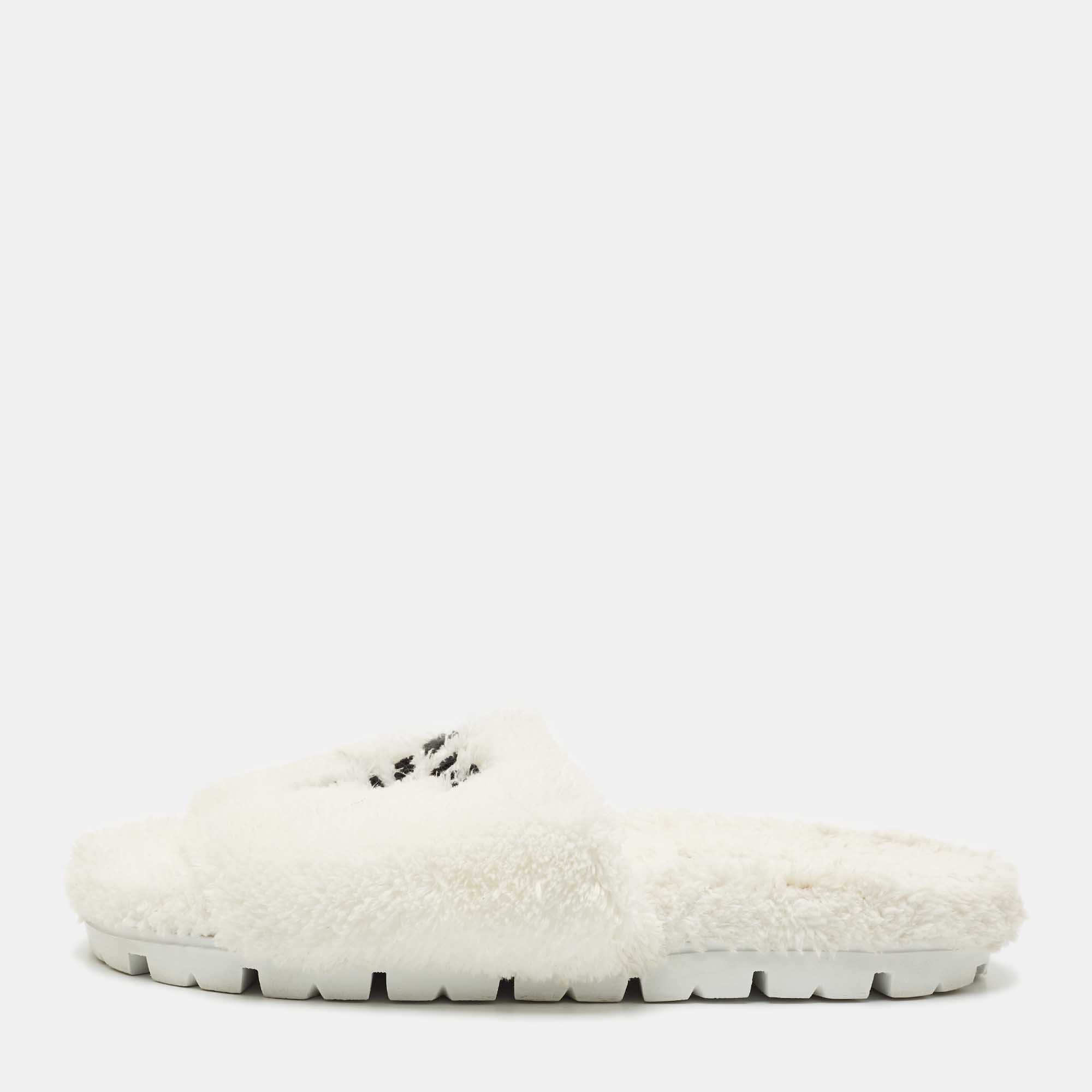 

Prada White Shearling Terry Flat Slides Size