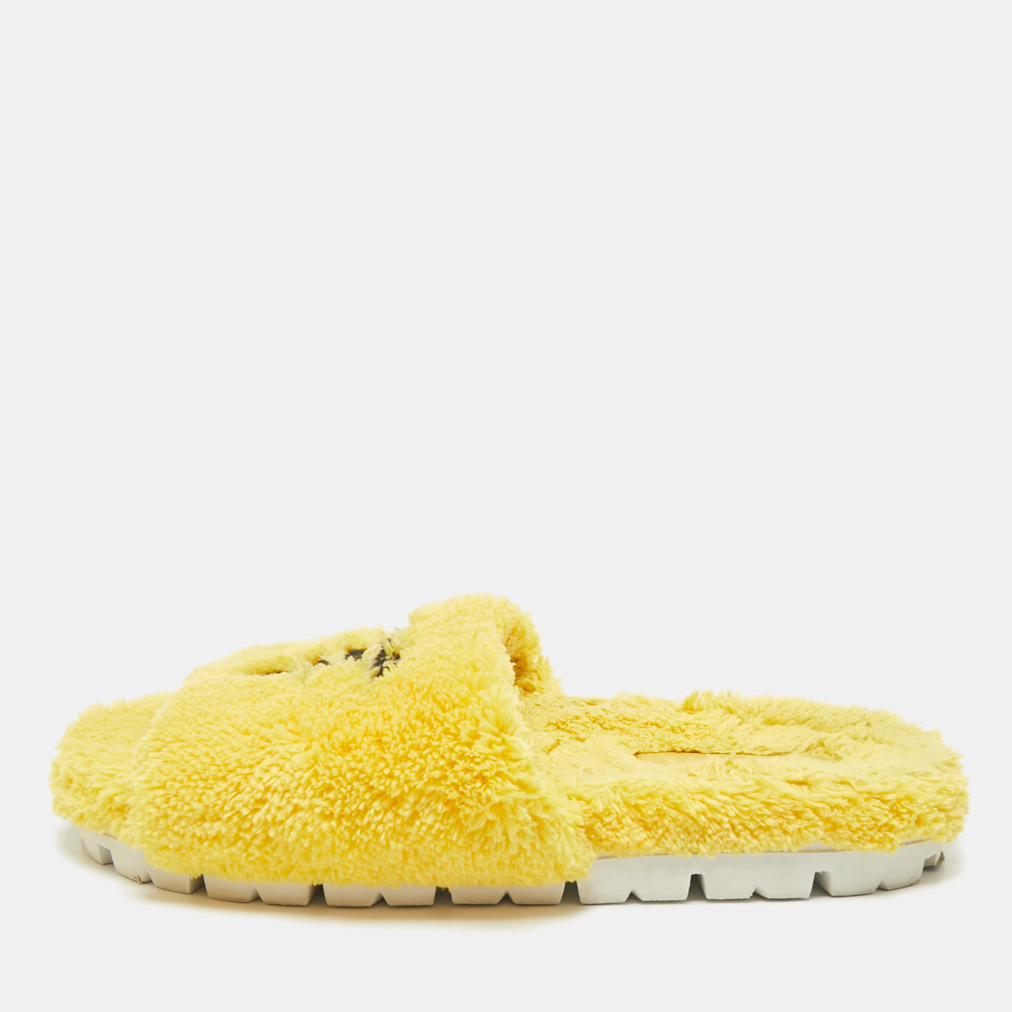 

Prada Yellow Shearling Logo Terry Fabric Slides Size