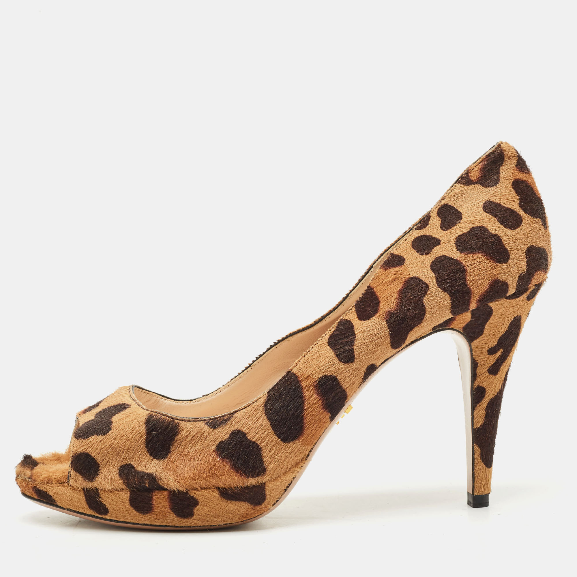 

Prada Brown Leopard Print Calf Hair Peep Toe Platform Pumps Size