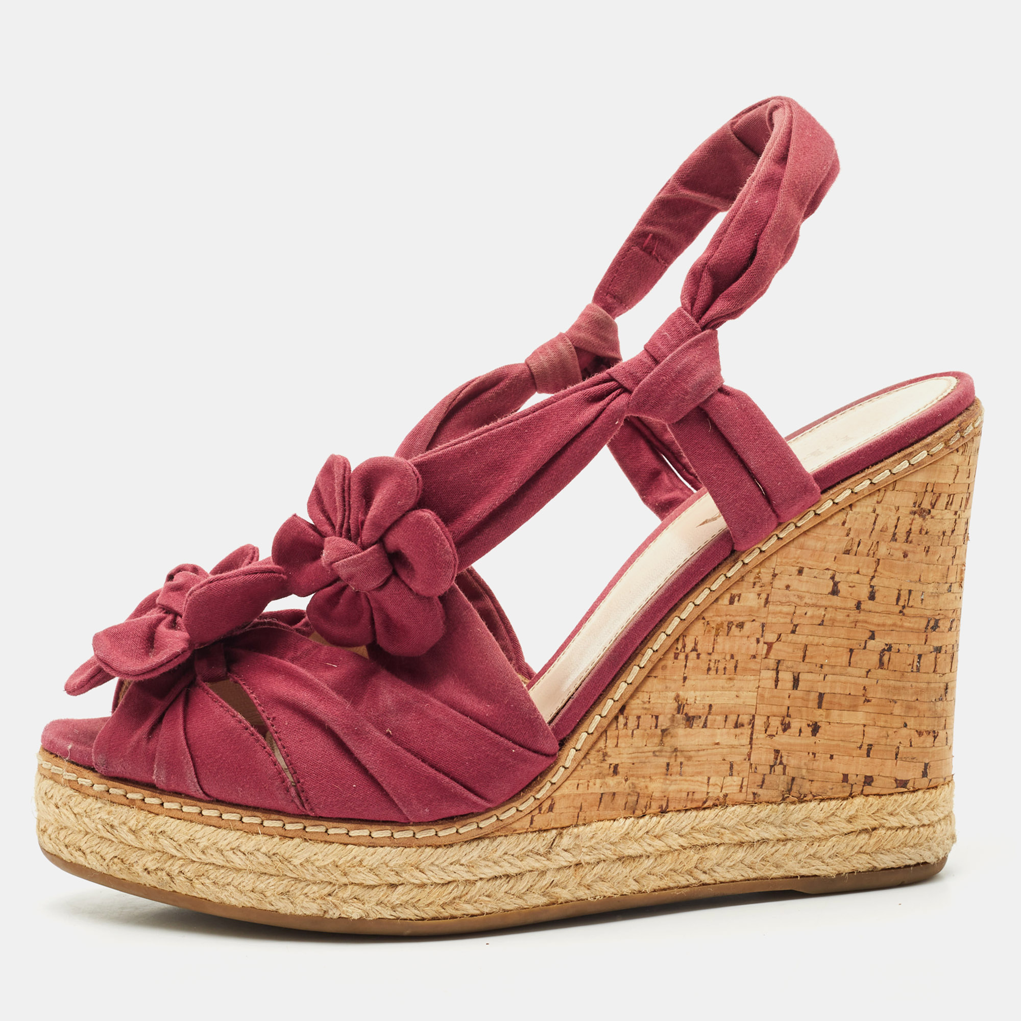 

Prada Burgundy Fabric Flower Cork Wedge Slingback Sandals Size